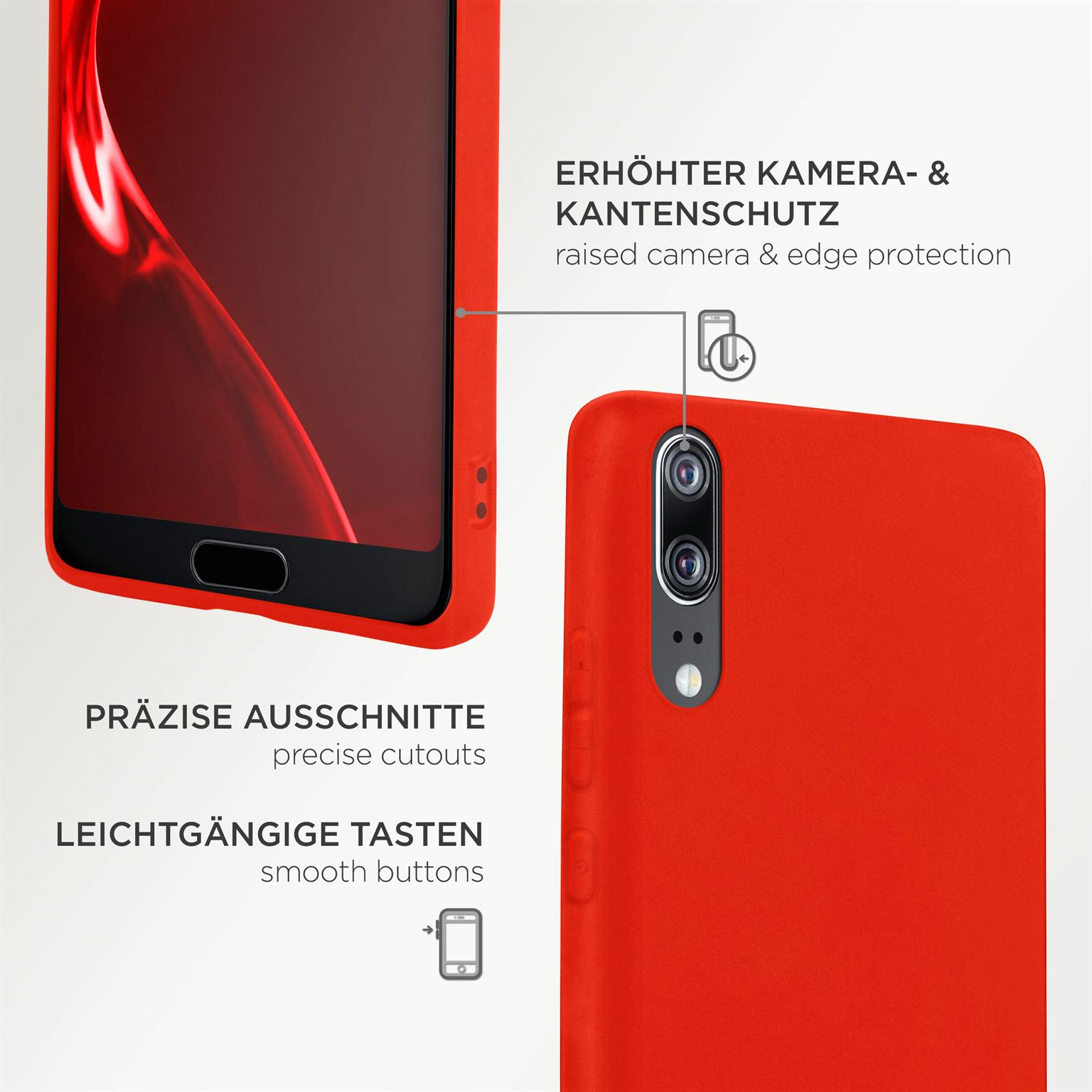 Rote Telefonhülle mit Aussparungen. Erhöhter Kameraschutz. Glatte Tasten. Ein Telefonbildschirm ist sichtbar.