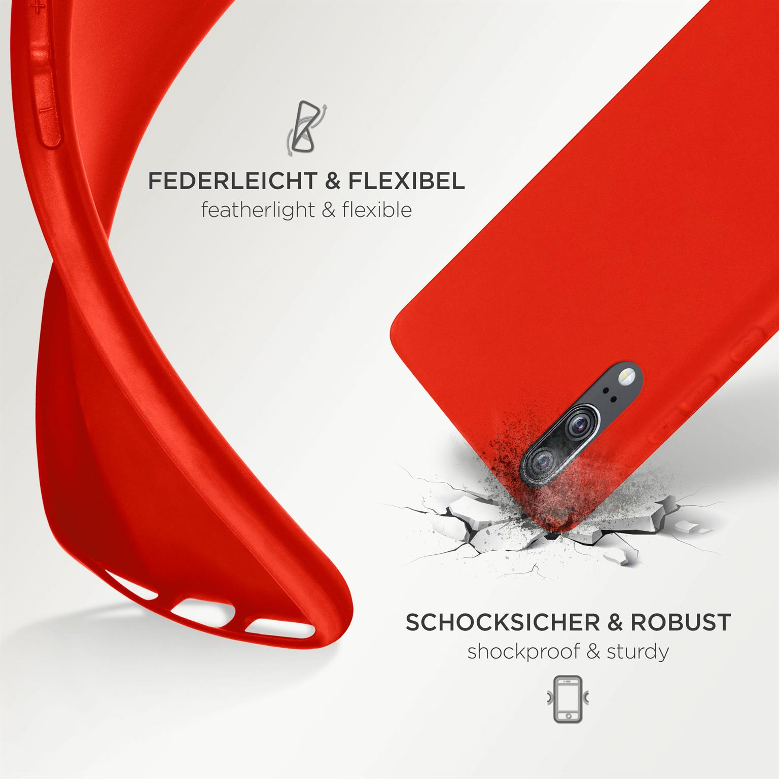 Eine rote Handyhülle ist verbogen. Rechts ist die Hülle mit Rissen gebrochen.