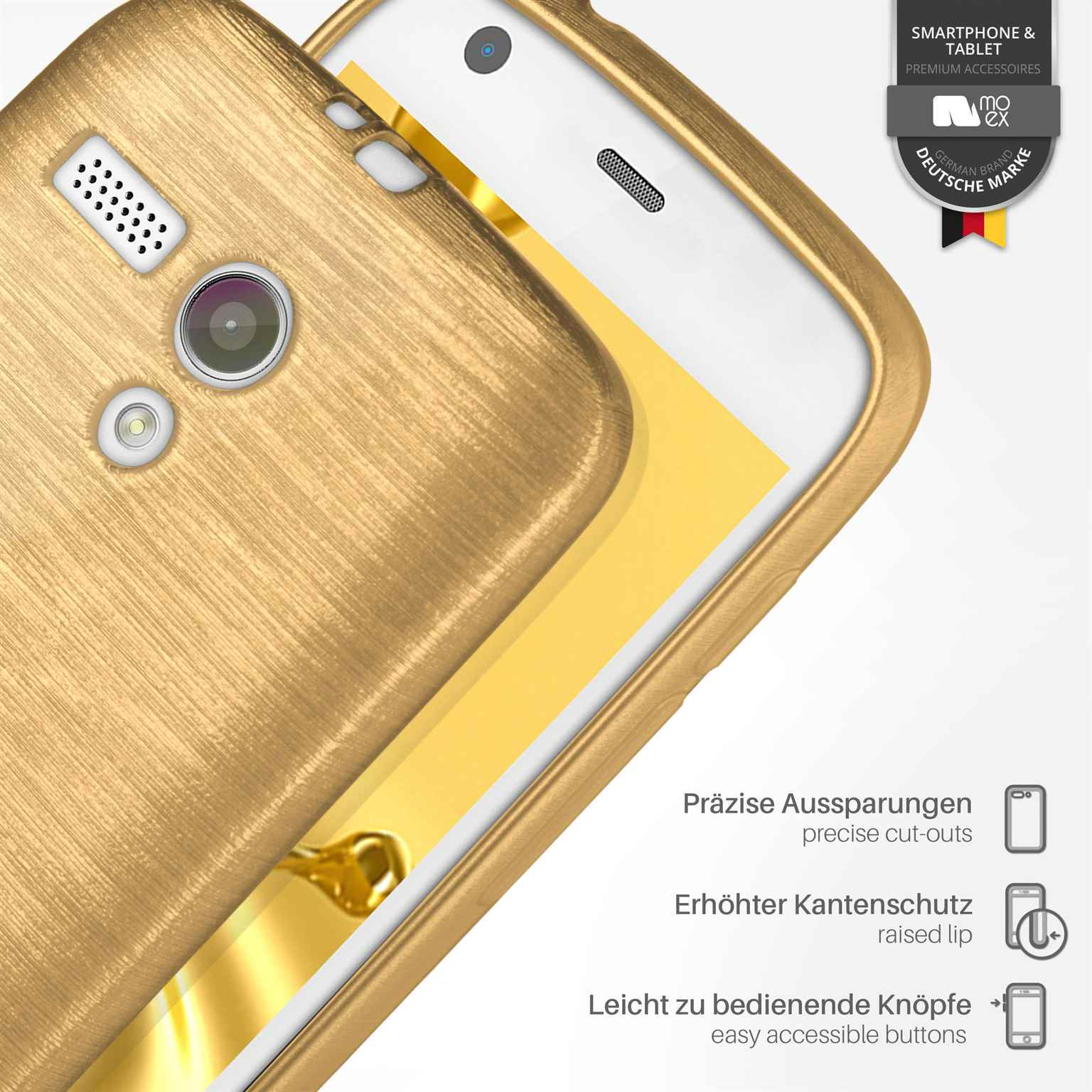 Goldene Handyhülle mit Aussparungen für Knöpfe und erhöhtem Rand. Ein deutsches Markenlogo ist sichtbar.