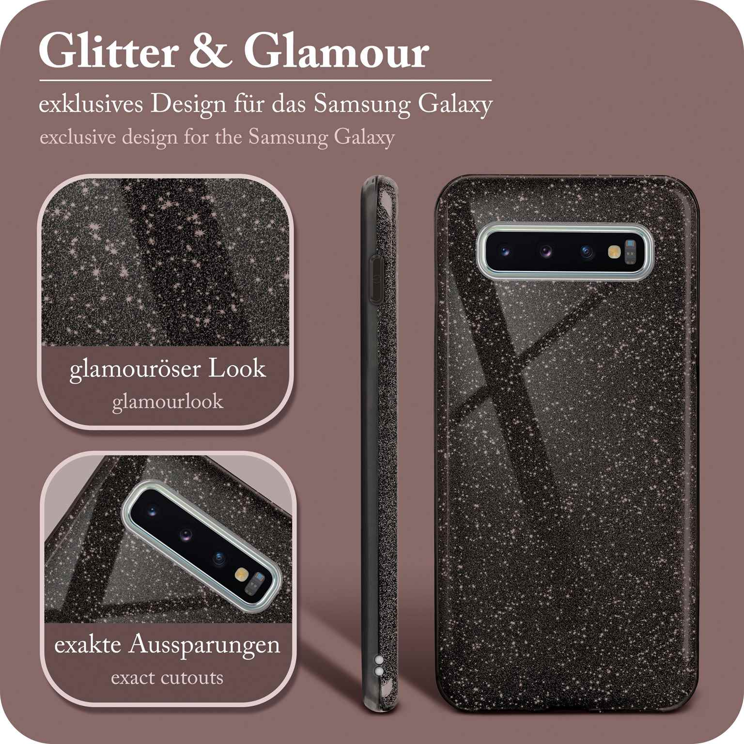 Schwarze Glitzer-Handyhülle. Text: Glitter & Glamour, exakte Aussparungen.