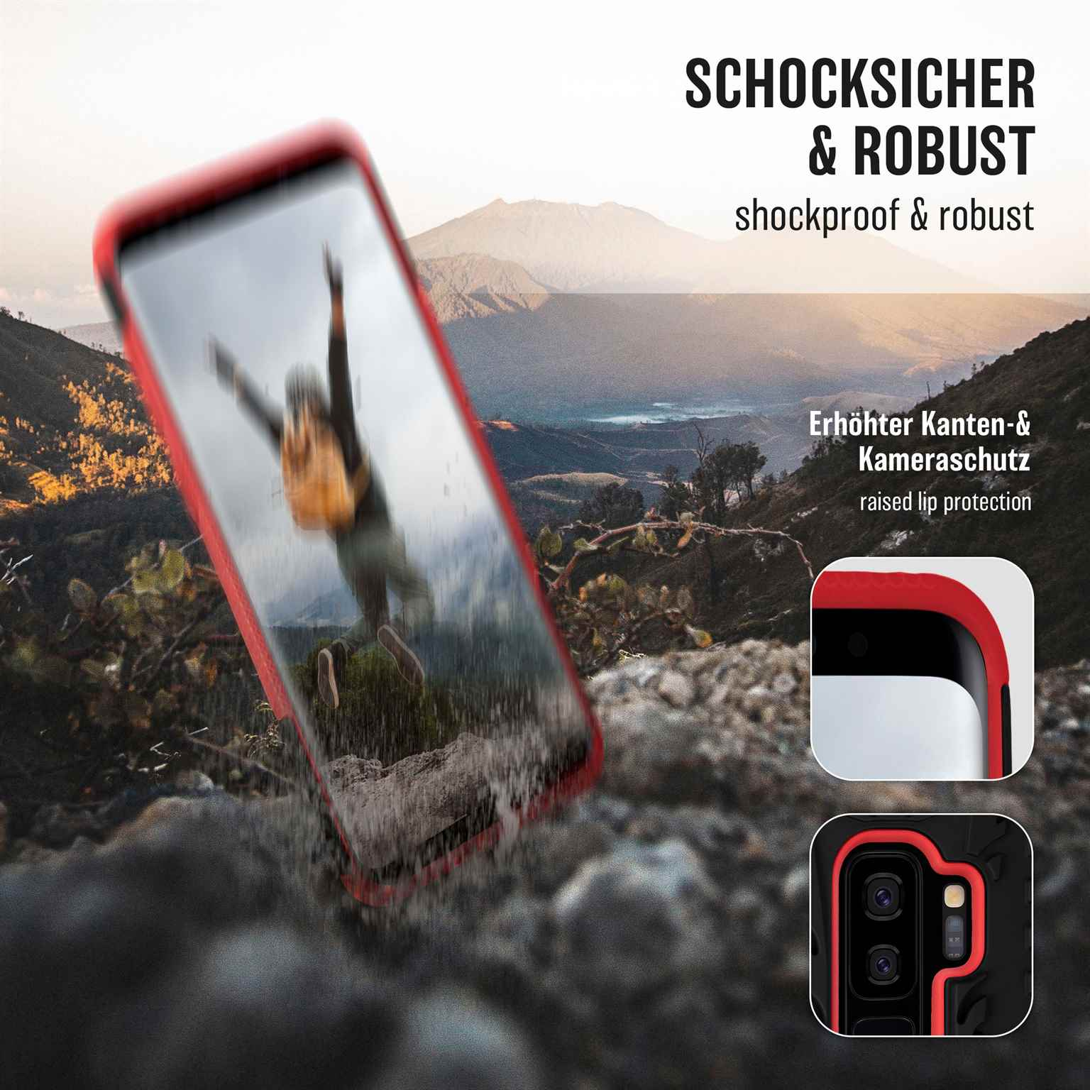 Ein Telefon in roter Hülle fällt, Berge im Hintergrund. Hülle zeigt erhöhten Lippenschutz.