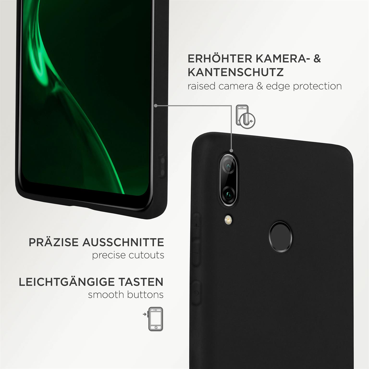 Eine schwarze Handyhülle mit einem Telefon darin, zeigt präzise Aussparungen, glatte Tasten und erhöhten Schutz.