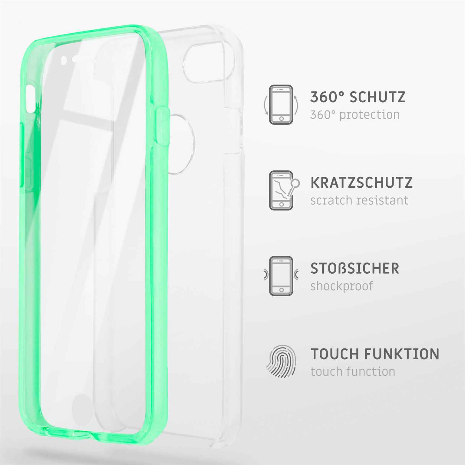 Transparente Handyhülle mit grünem Rand, Text: Schutz, kratzfest, stoßfest, Touch-Funktion.