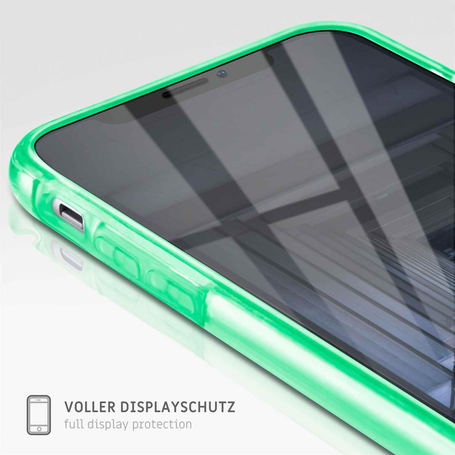 Eine grüne Handyhülle wird angezeigt. Die Hülle liegt um das Telefon und bedeckt den Bildschirm.