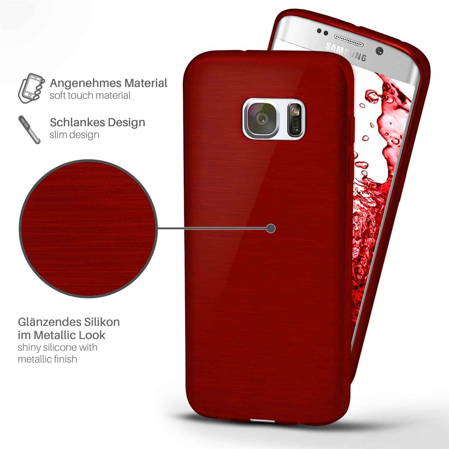Rote Handyhülle auf Telefon, Text: Weiches Material, schlankes Design.