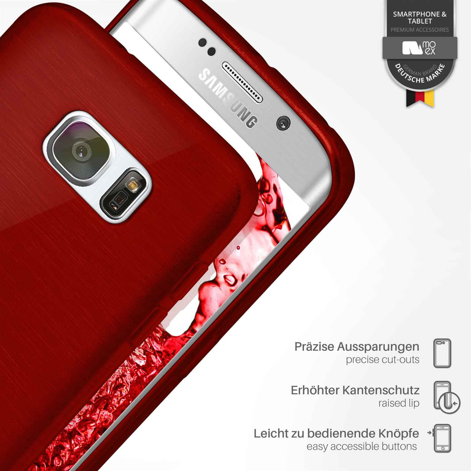 Eine rote Handyhülle auf einem weißen Telefon. Text über präzise Aussparungen und einfache Knöpfe.