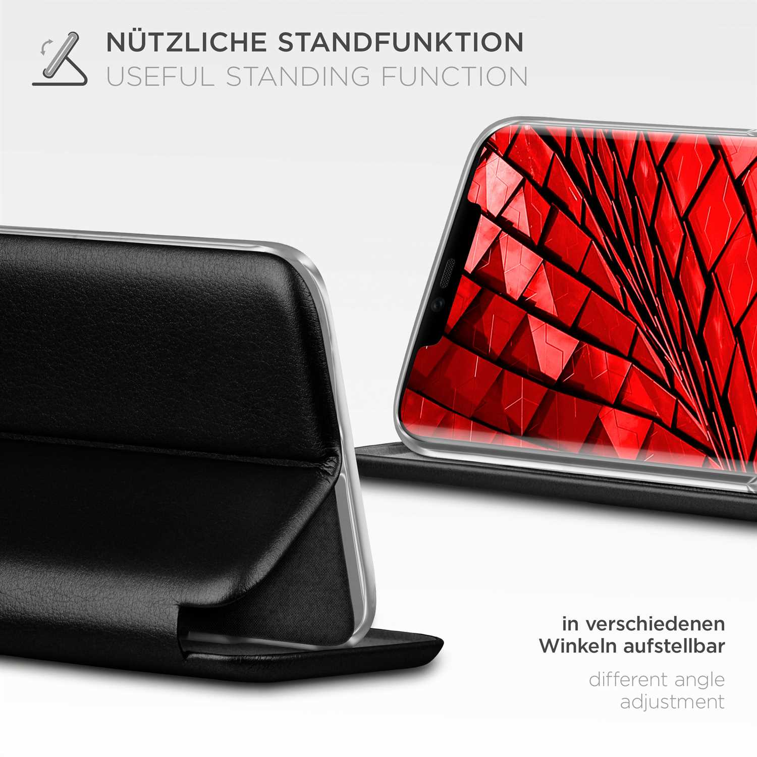 Telefon in klarer Hülle mit Ständerfunktion. Text: Nützliche Standfunktion. Telefon kann angepasst werden.