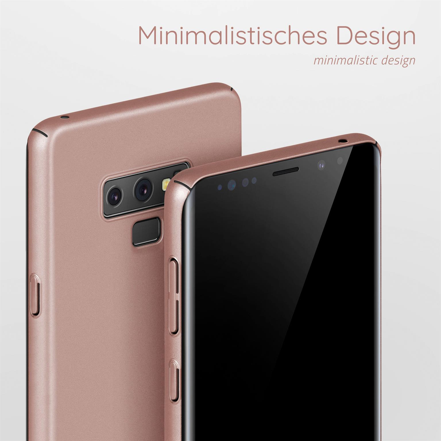 Zwei roségoldene Handyhüllen, eine zeigt ein Telefon und die andere eine Rückansicht.
