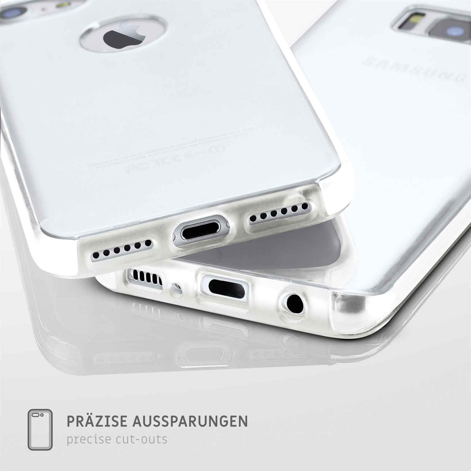 Transparente Handyhüllen. Der Text lautet: Präzise Aussparungen.