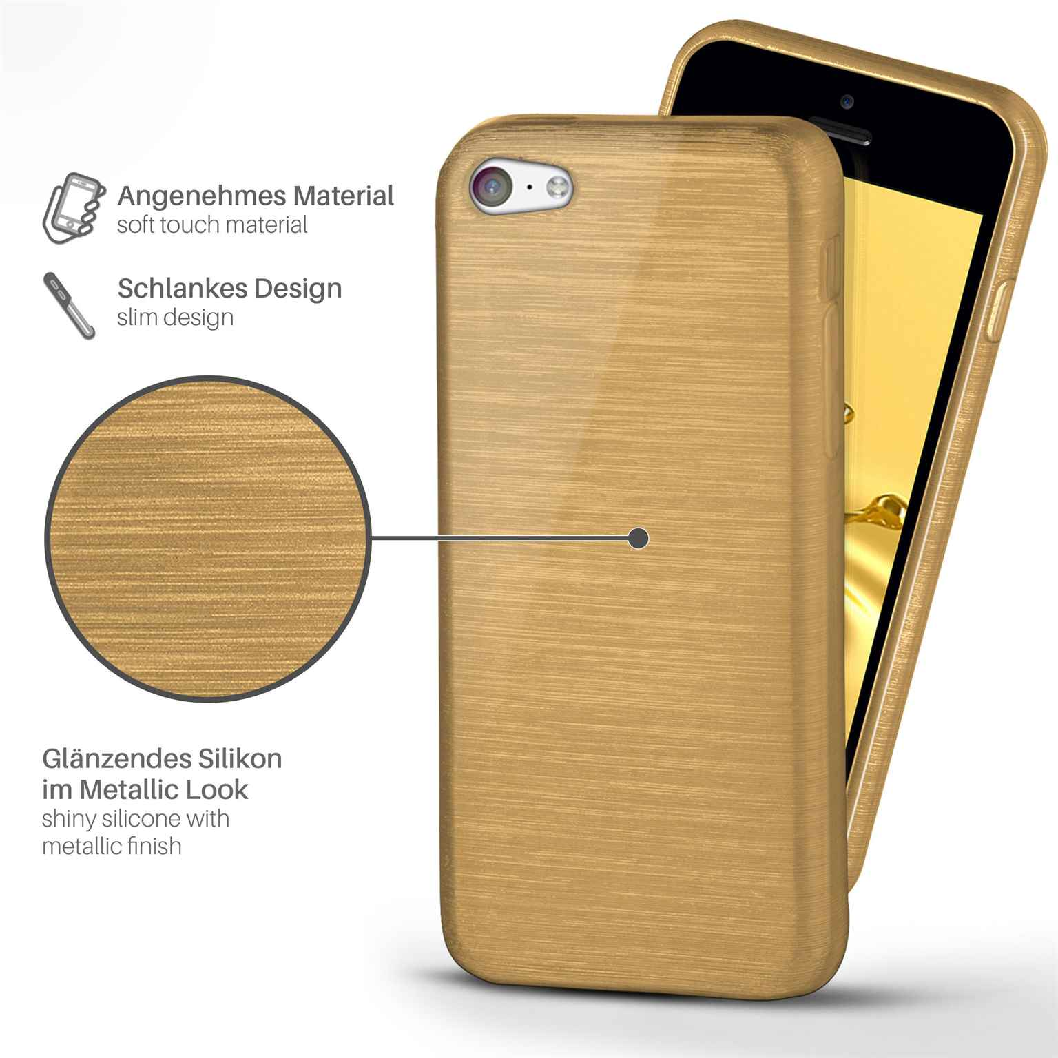 Goldfarbene Handyhülle. Telefon auf einem Tisch. Nahaufnahme des Gehäusedetails. Weißer Hintergrund.