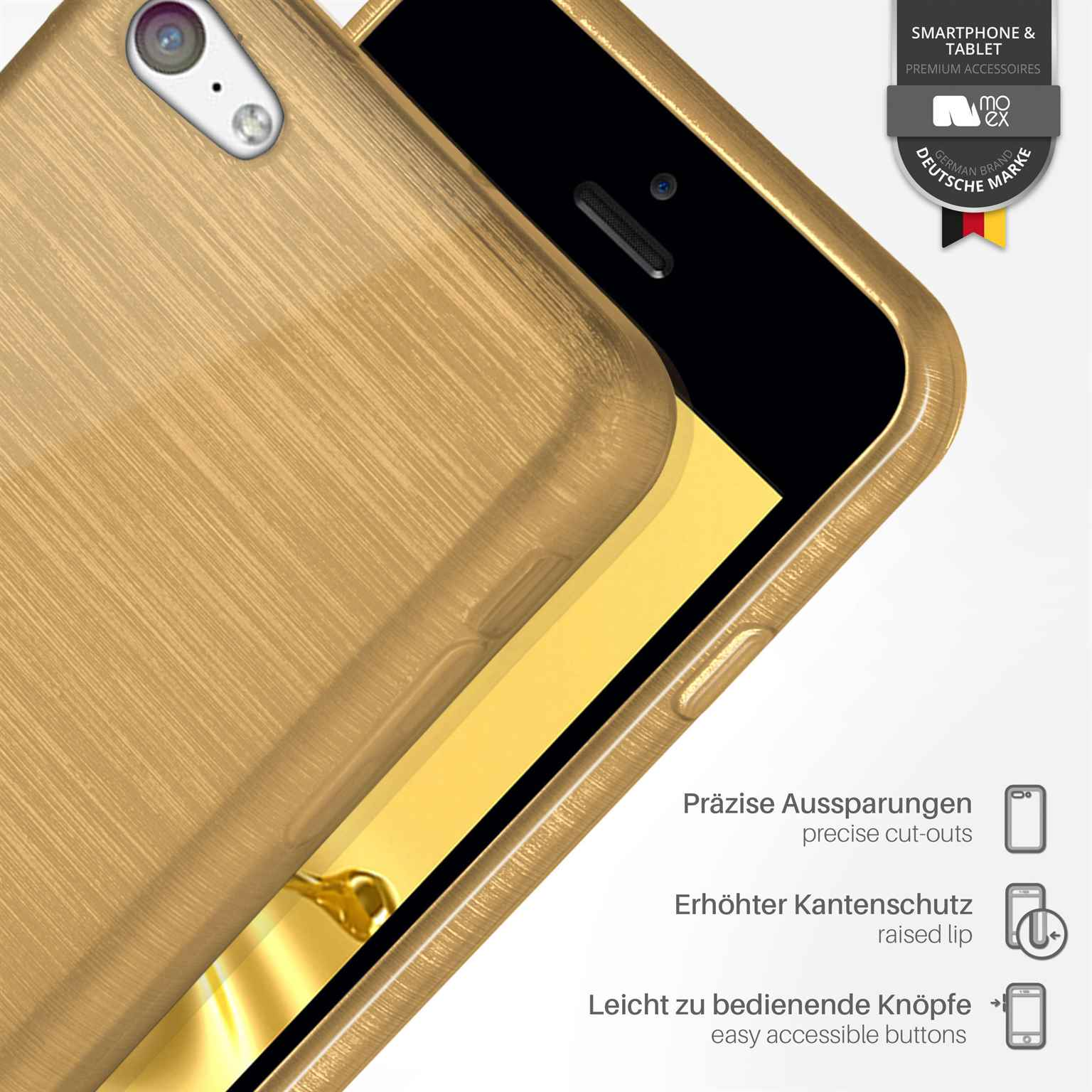 Goldene Handyhülle mit Telefon. Text: präzise Aussparungen, erhöhte Kante.