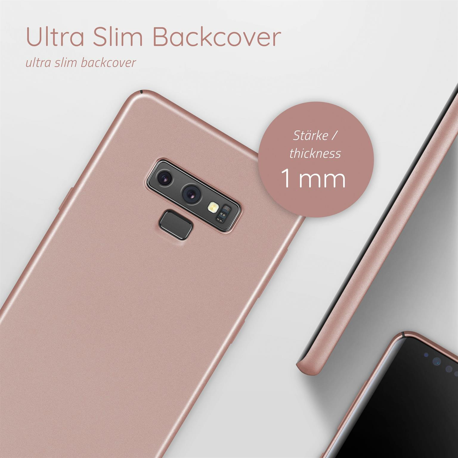 Nahaufnahme einer rosa Handyhülle. Text: Ultra Slim Backcover, Dicke 1 mm.