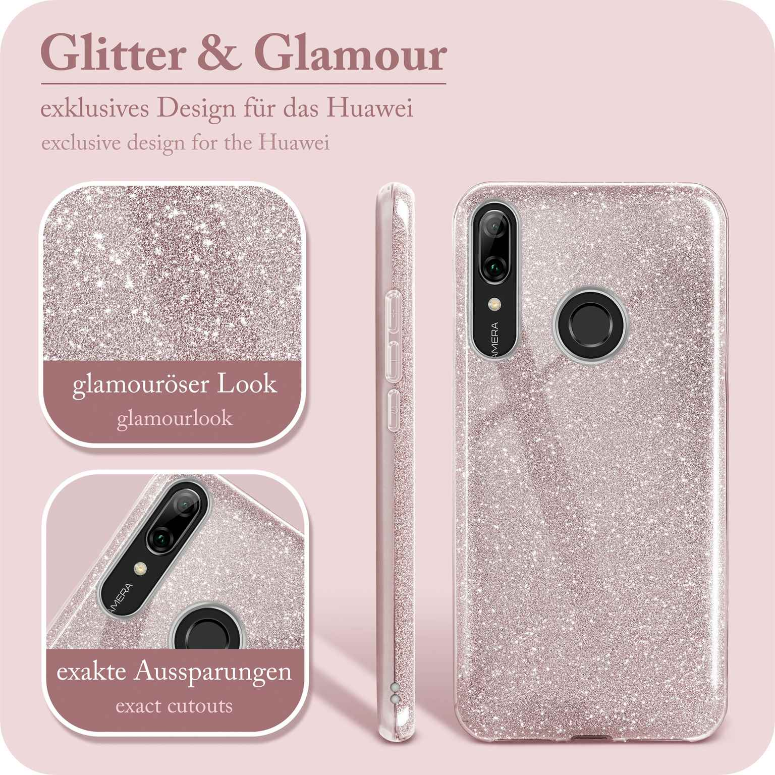 Rosa Glitzer-Handyhülle. Texte und Bilder beschreiben Glamour und Design des Produkts.