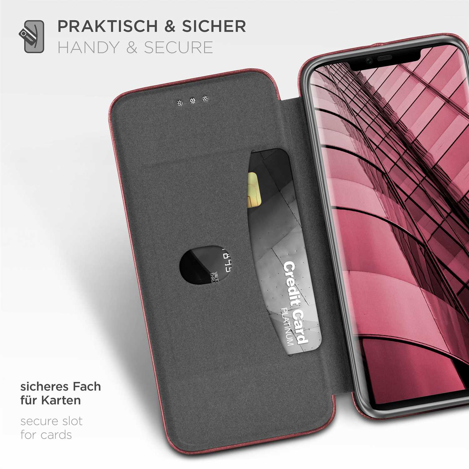Geöffnete Handyhülle mit Kreditkarte. Text: 'Praktisch & Sicher', 'sicheres Fach'.