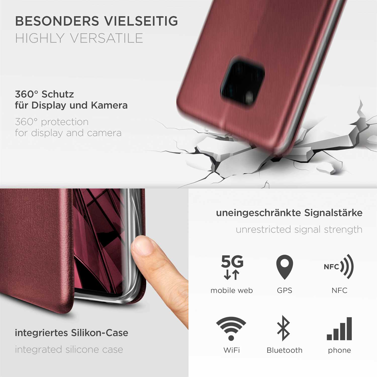 Eine Handyhülle und ein Telefon. Die Hülle ist weinrot und das Telefon wird mit 360°-Display- und Kameraschutz gezeigt.