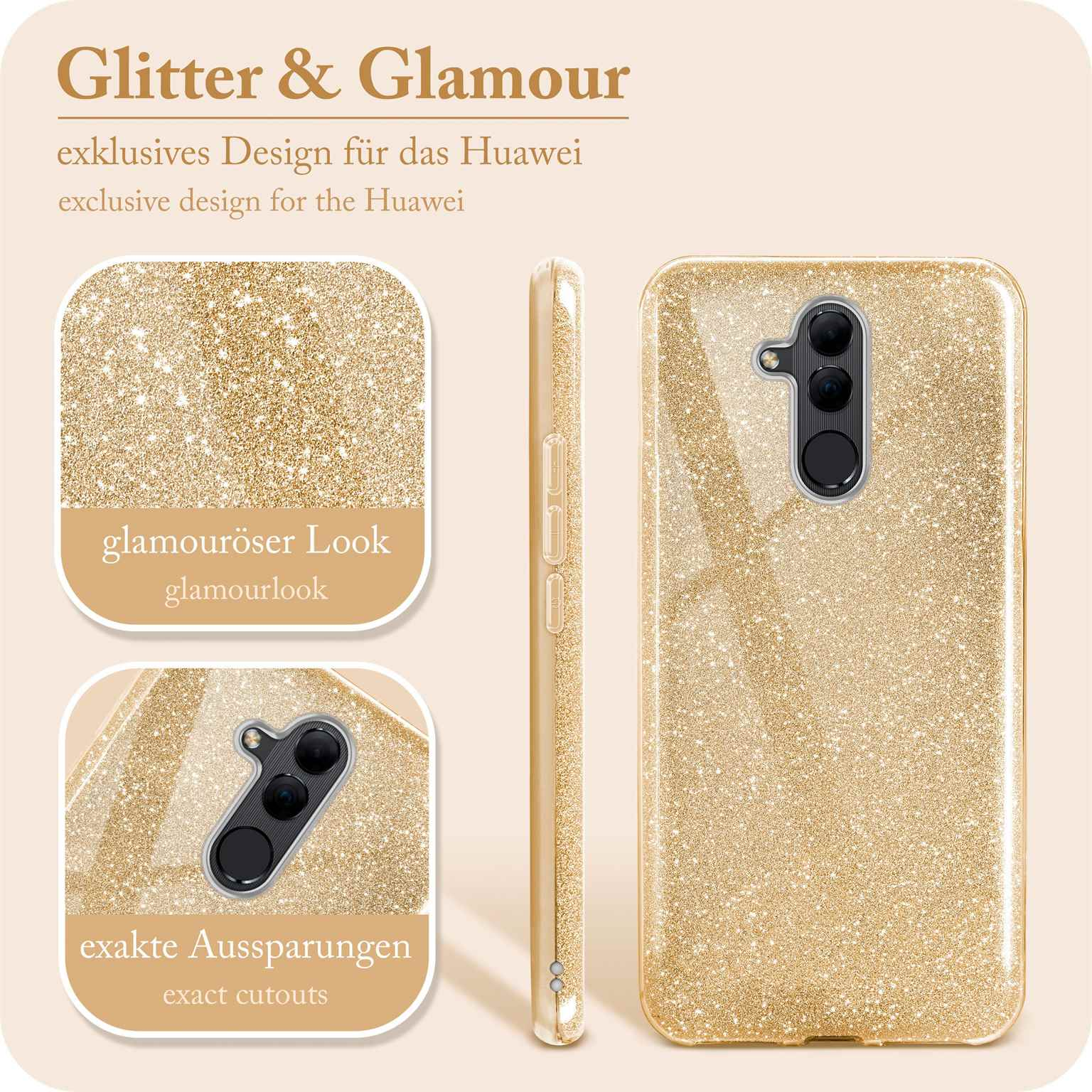 Goldene Glitzer-Handyhülle. Nahaufnahmen der Hülle, Kamera des Telefons sichtbar.
