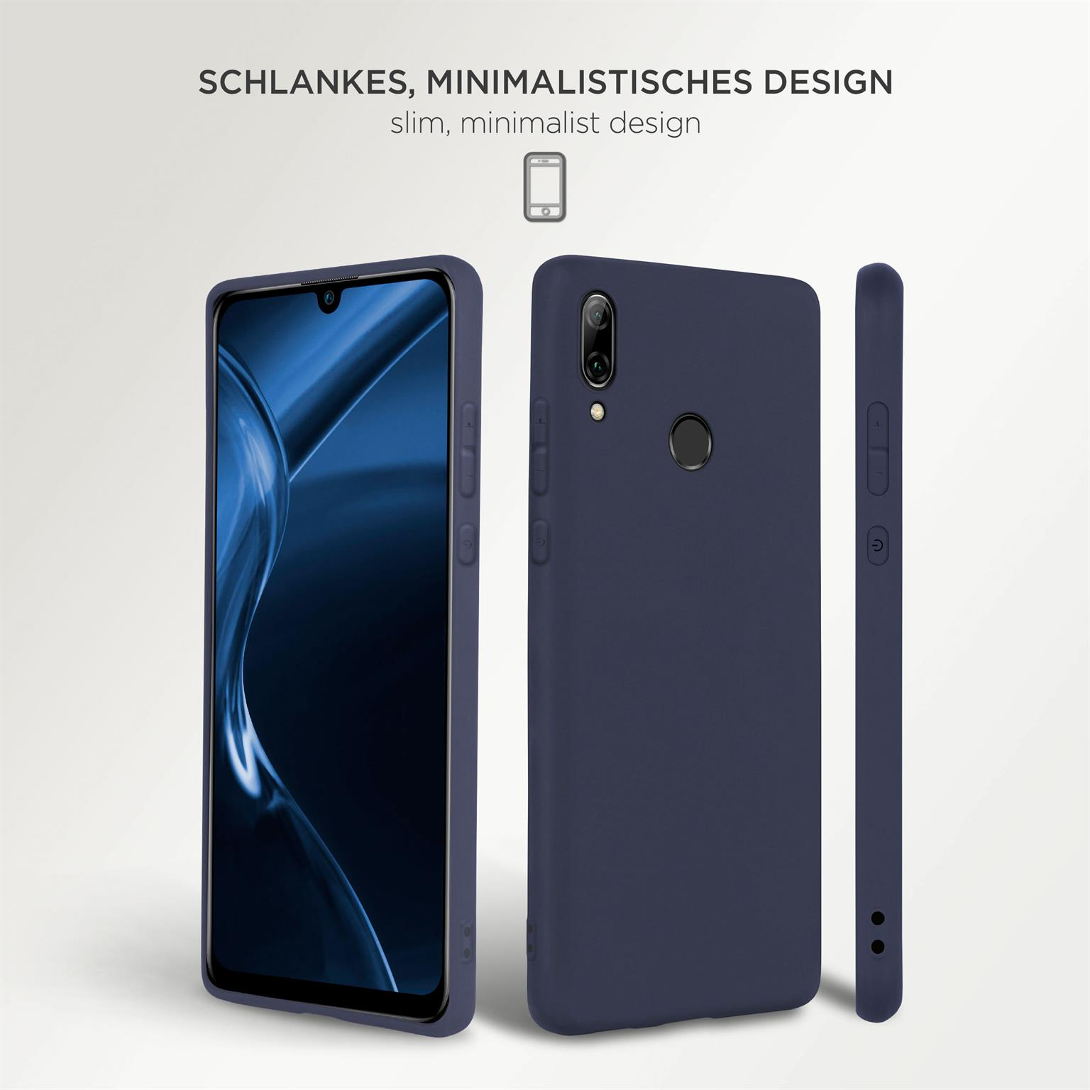 Drei Handyhüllen, blau, mit einem Telefon darin, das die Rückseite und Seiten zeigt.