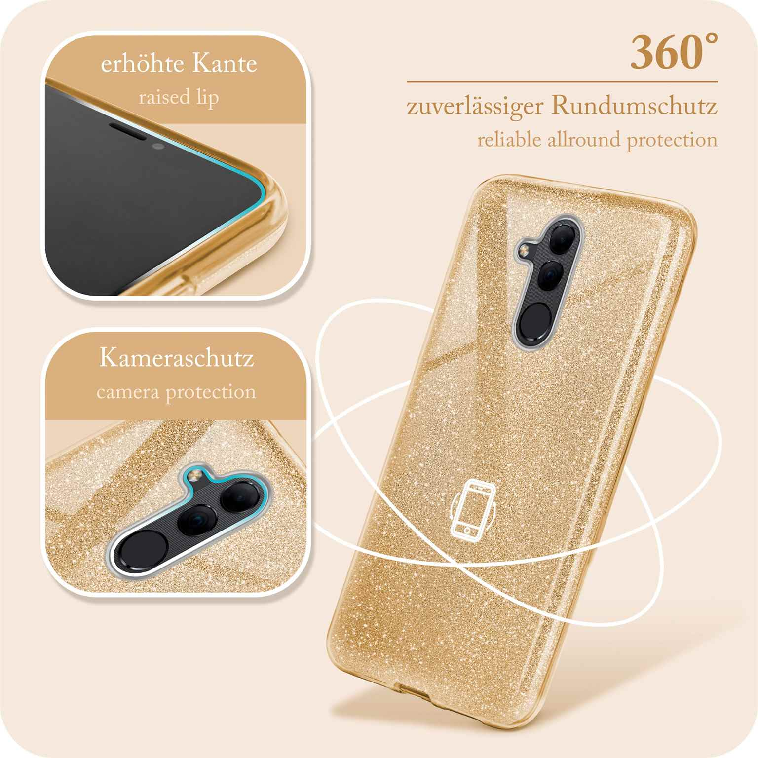 Eine goldene Glitzer-Handyhülle mit einem Telefon darin, das die Rückseite mit der Kamera zeigt.