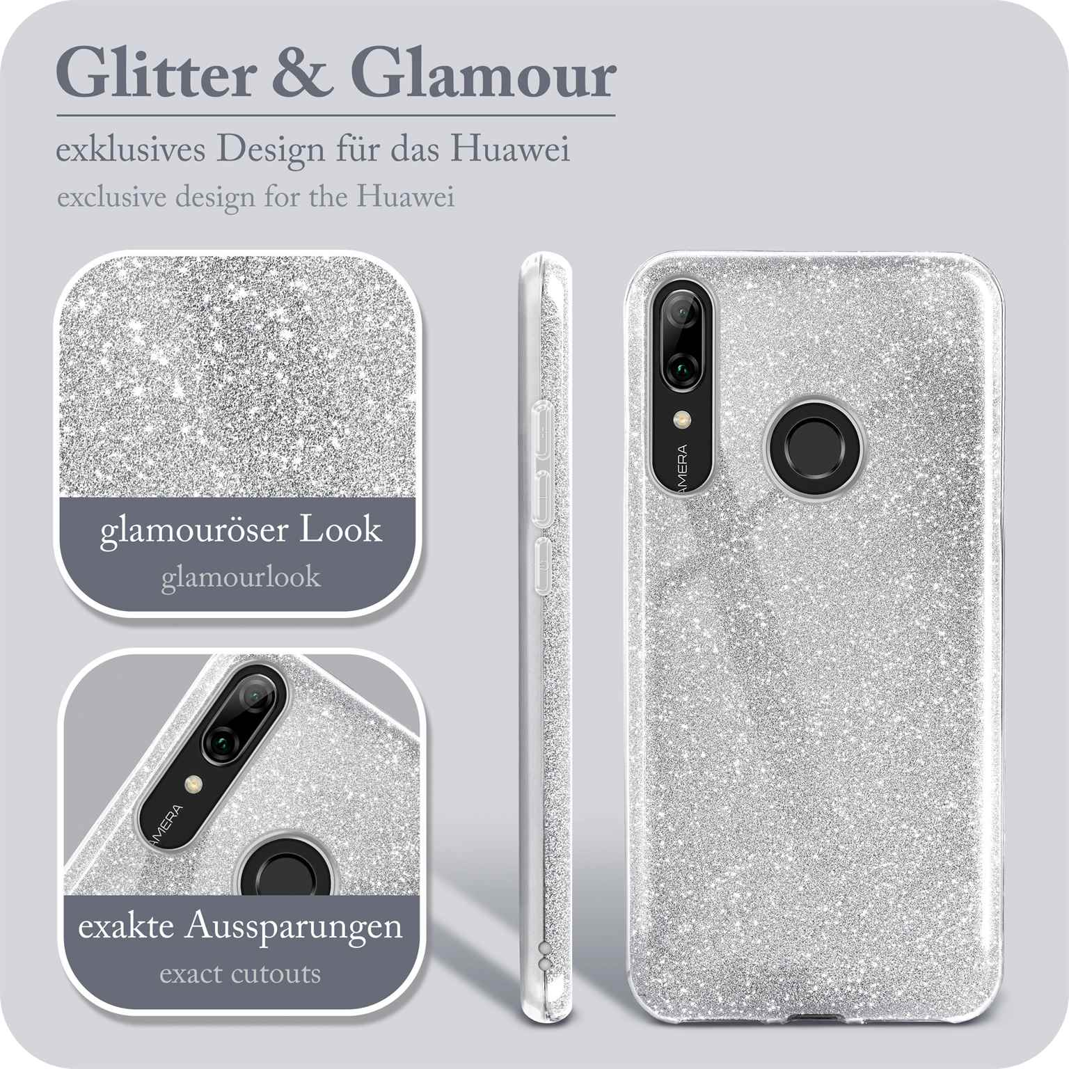 Silberne Glitzer-Handyhülle mit Aussparungen für Kamera und Knöpfe, Glamour-Look zeigend.