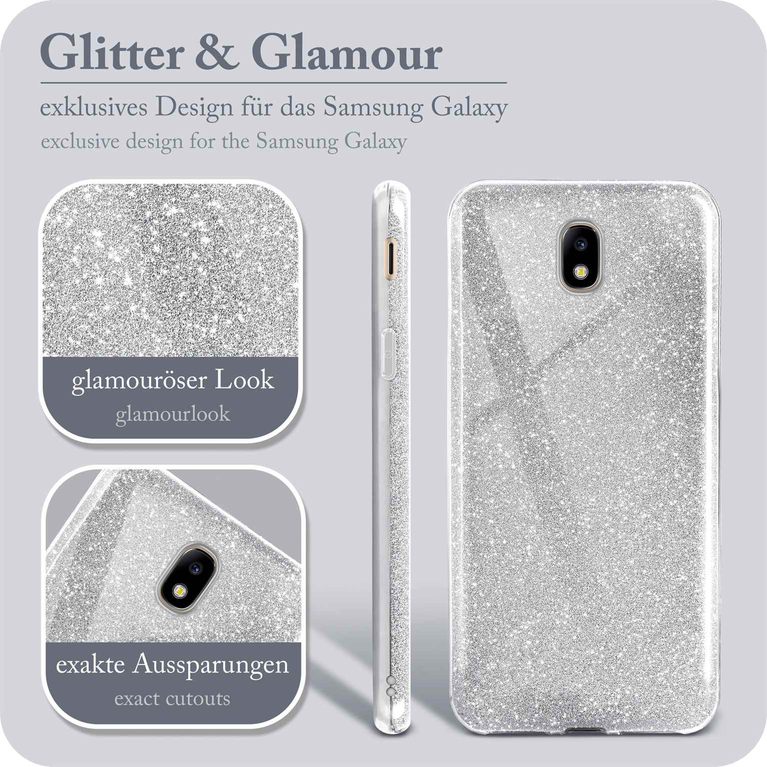 Silberne Glitzer-Handyhülle. Sie ist für Samsung Galaxy konzipiert, hat einen Glamour-Look und exakte Ausschnitte.