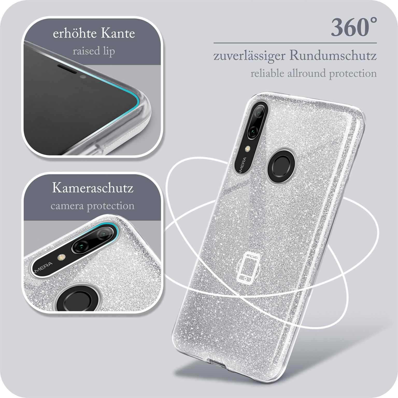 Glitzernde Handyhülle. Ein Telefon teilweise in der Hülle. Diagramme links.