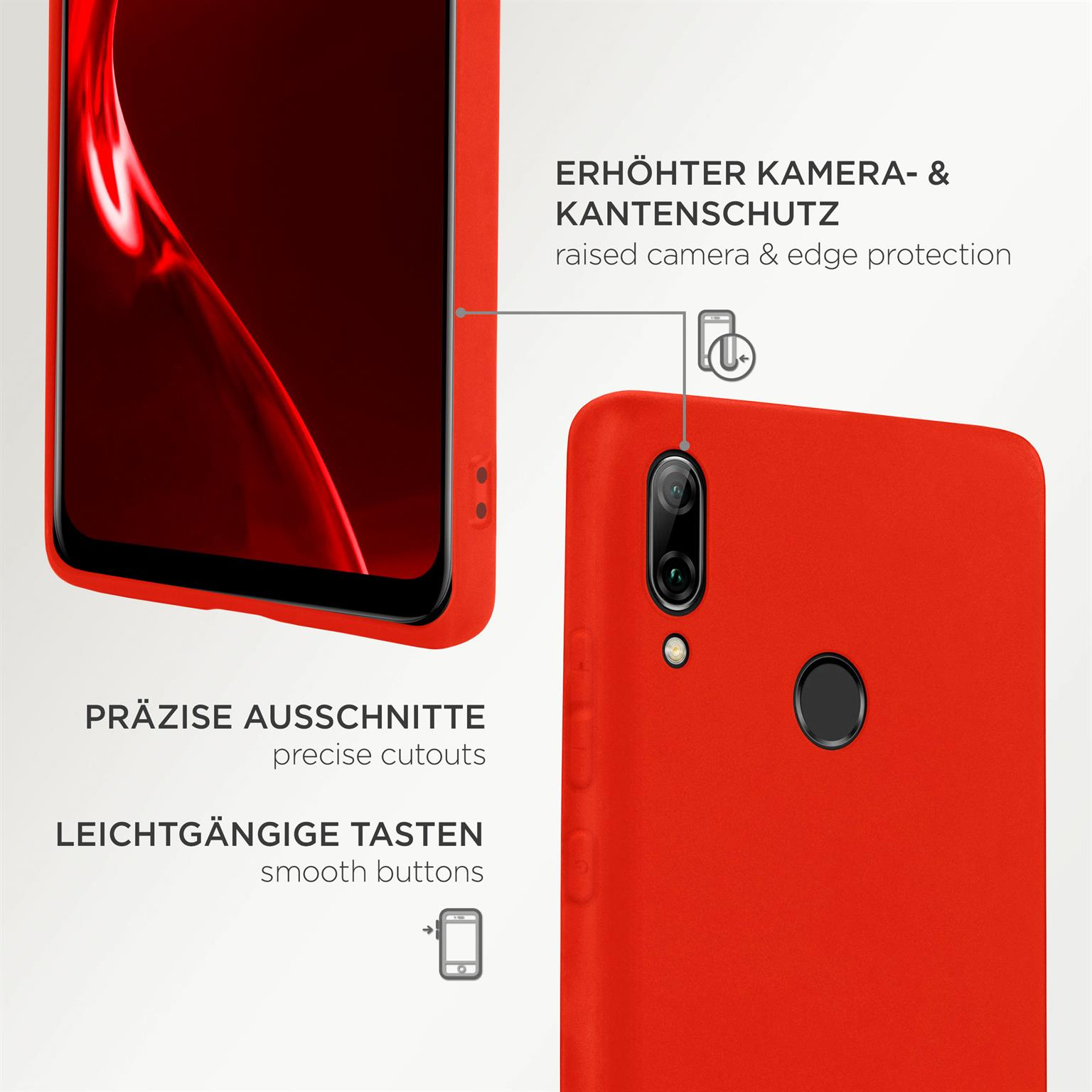 Nahaufnahme einer roten Handyhülle mit Text, der Funktionen beschreibt: präzise Aussparungen, glatte Knöpfe, Kantenschutz.