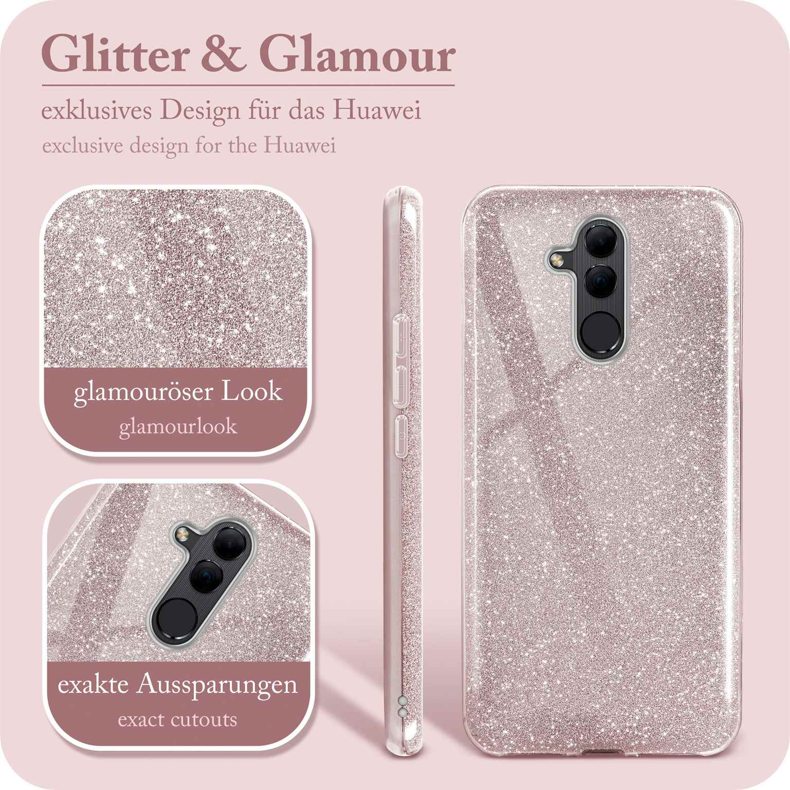 Rosa Glitzer-Handyhülle. Nahaufnahme der Hülle, Seitenansicht und Detailansichten. Text: Glitter & Glamour.