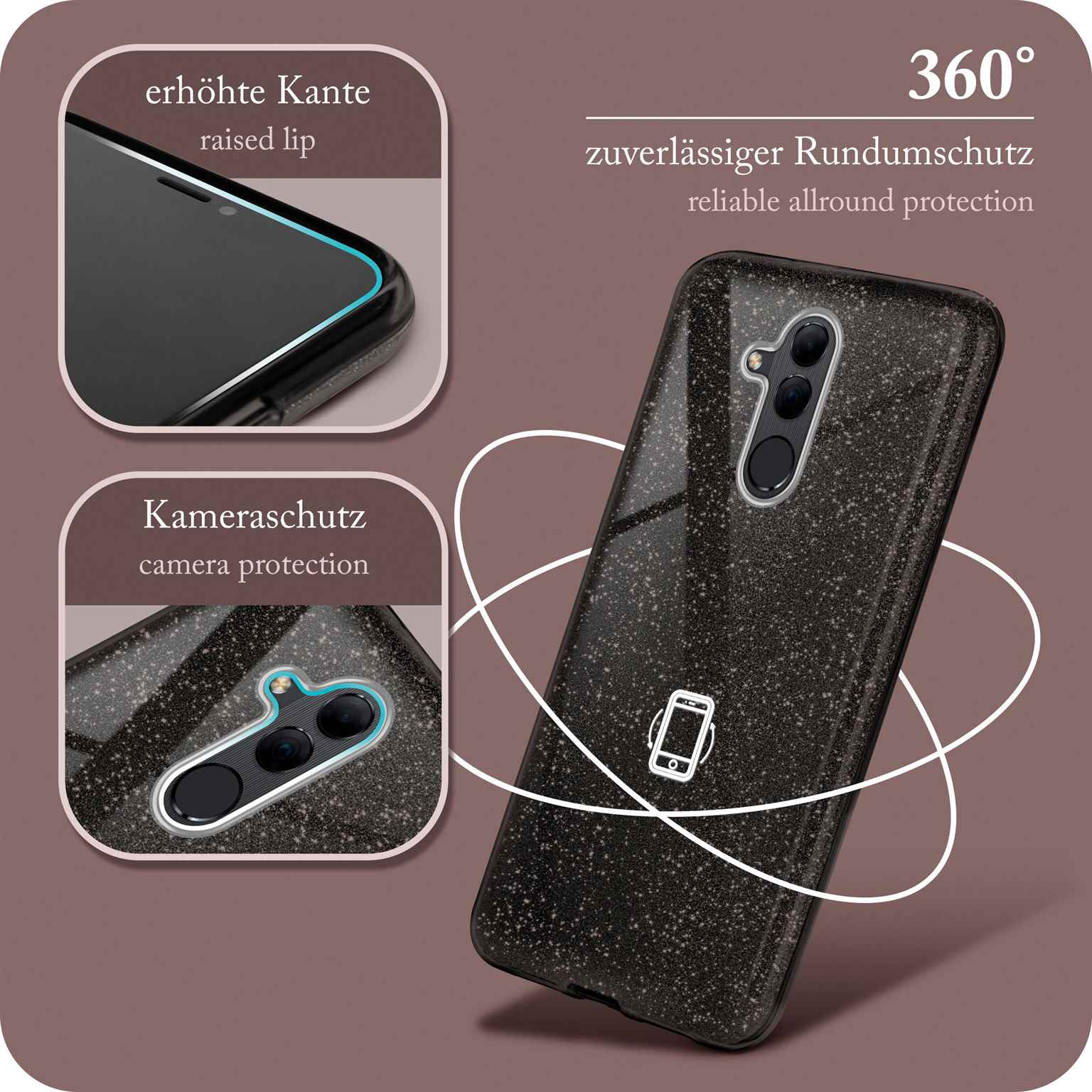 Schwarze Handyhülle mit gesprenkeltem Design. 360-Grad-Schutz gezeigt.