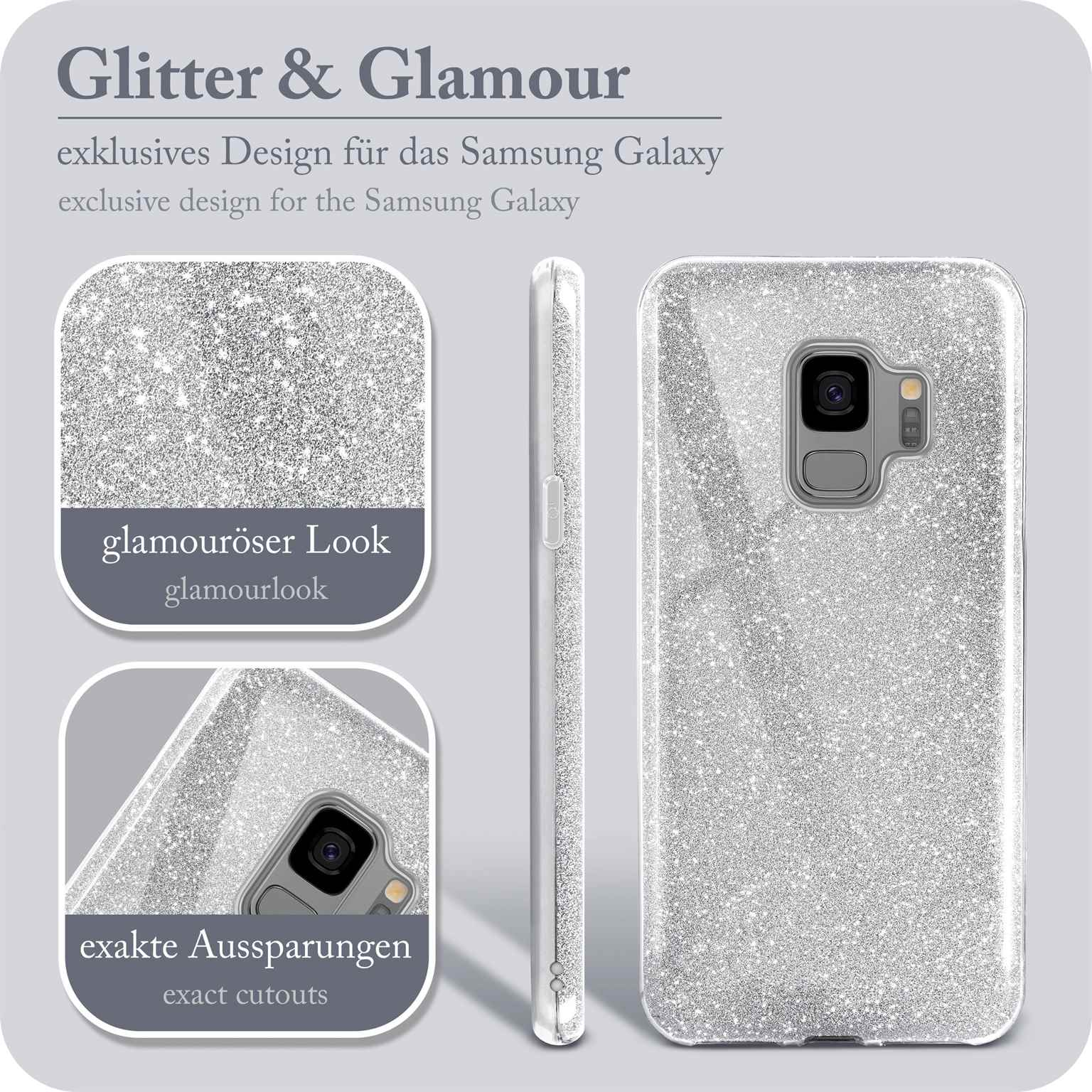 Silberne Glitzer-Handyhülle, mit Details des Designs und Aussparungen.