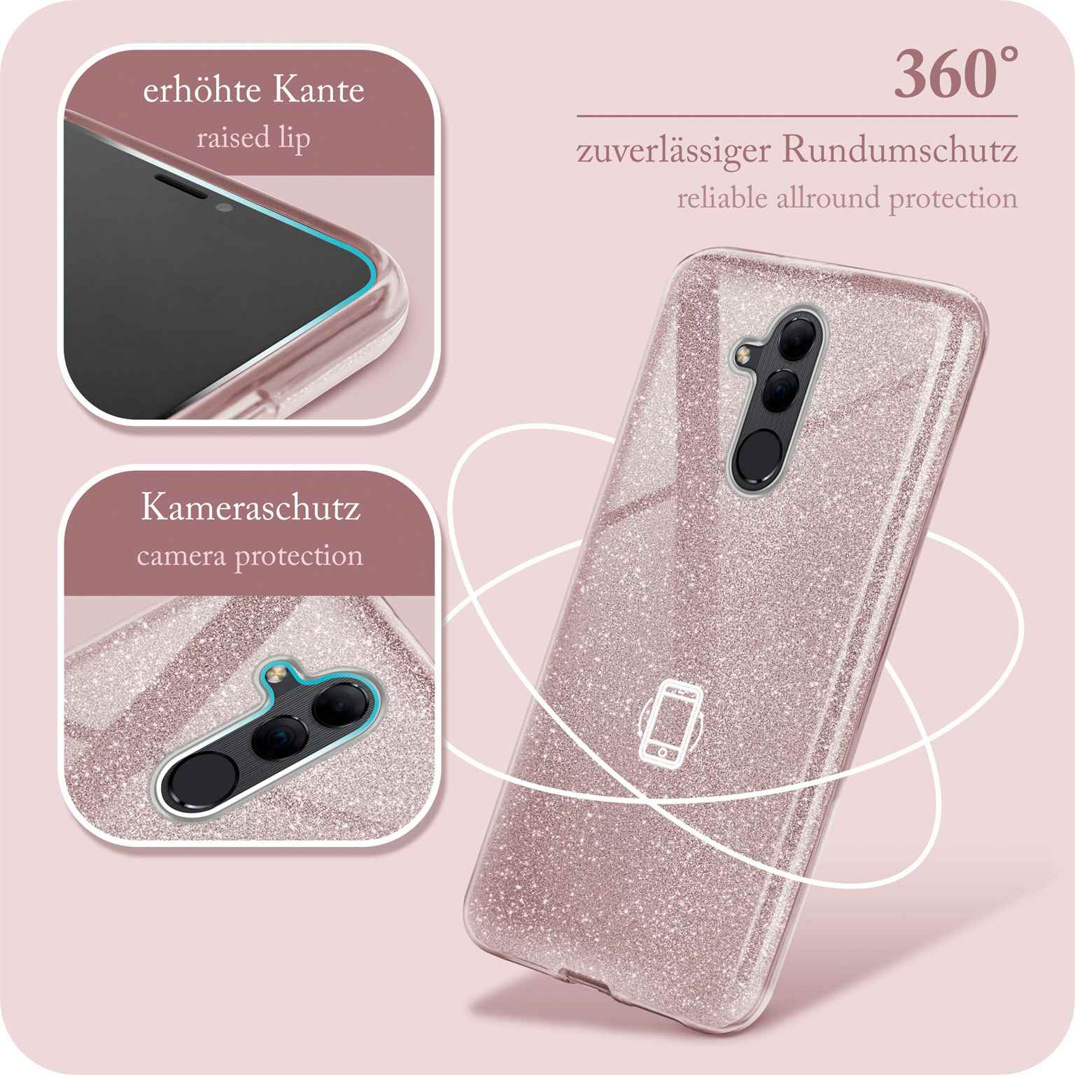 Eine rosa Handyhülle mit einem Telefon darin. Die Hülle ist glitzernd. Der Hintergrund ist eine rosa Umgebung.