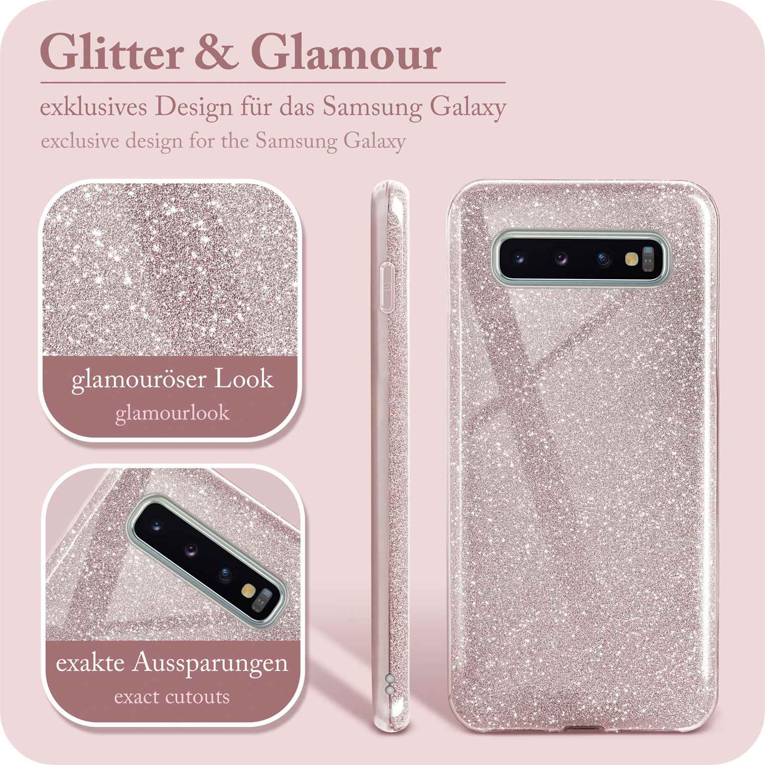 Rosa Glitzer-Handyhülle. Telefon drin. Text: Glamour-Look, exakte Aussparungen.