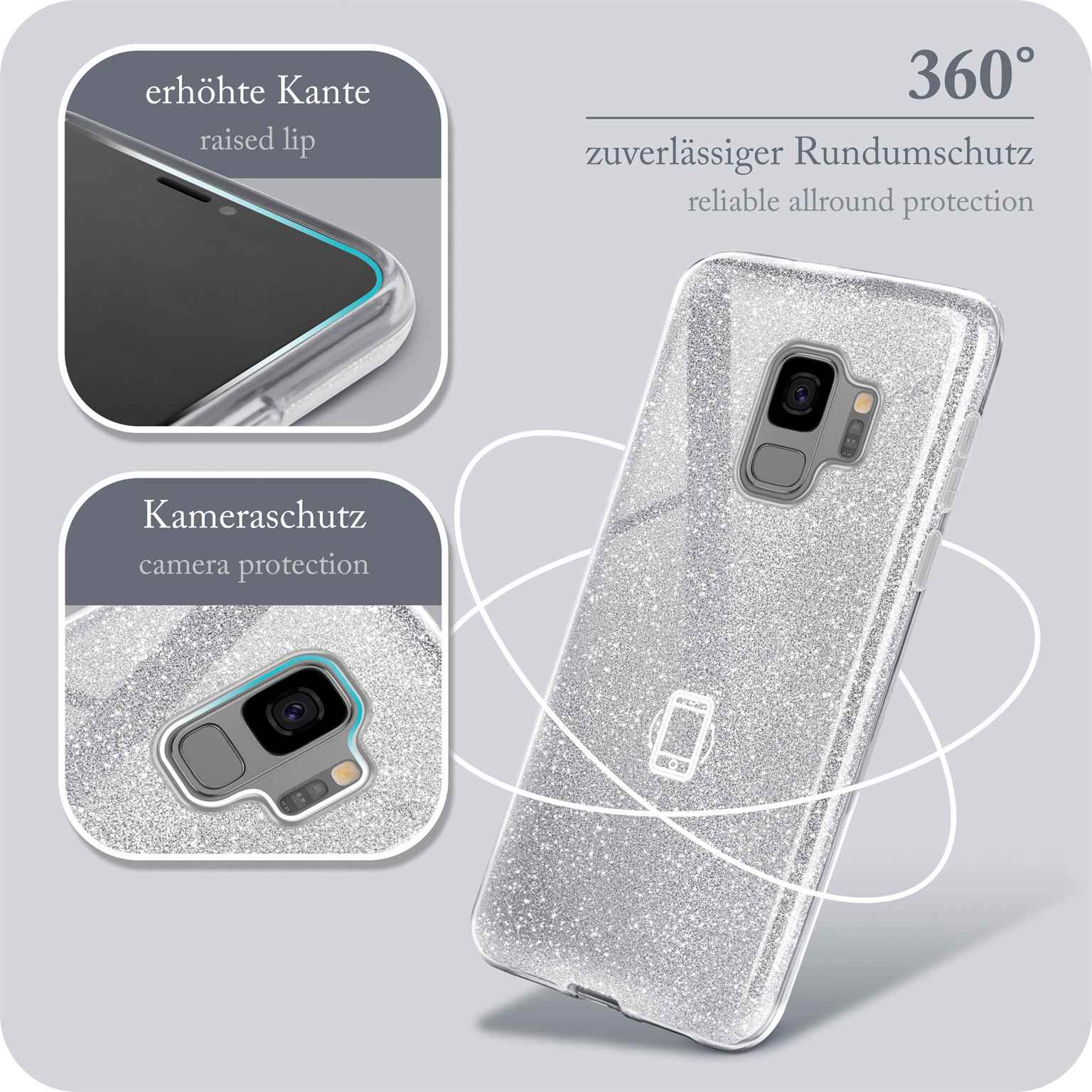 Glitzer-Handyhülle mit Kameraschutz und erhöhtem Rand.