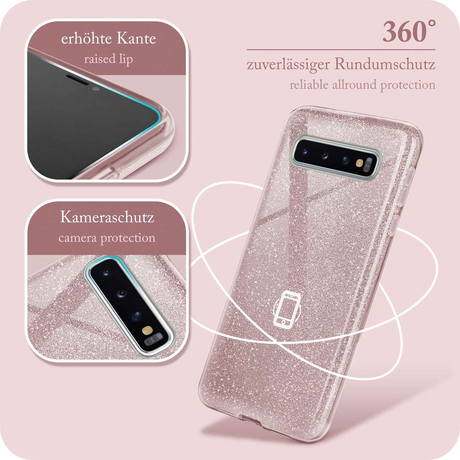 Eine pinkfarbene Glitzer-Handyhülle. Sie zeigt das Telefon mit Kamera und Seitenansicht.