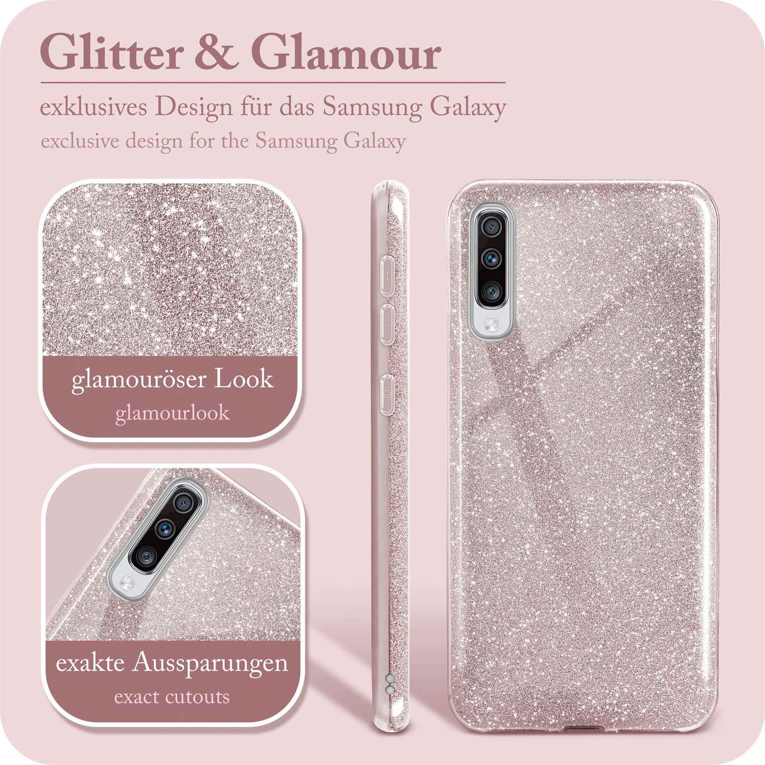 Rosa Glitzer-Handyhülle. Text: Glamouröser Look, exklusives Design.