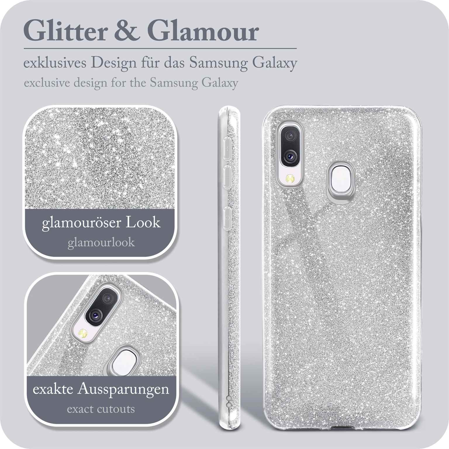 Nahaufnahme einer silbernen Glitzer-Handyhülle mit drei insetierten Bildern und dem Text 'Glitter & Glamour'.