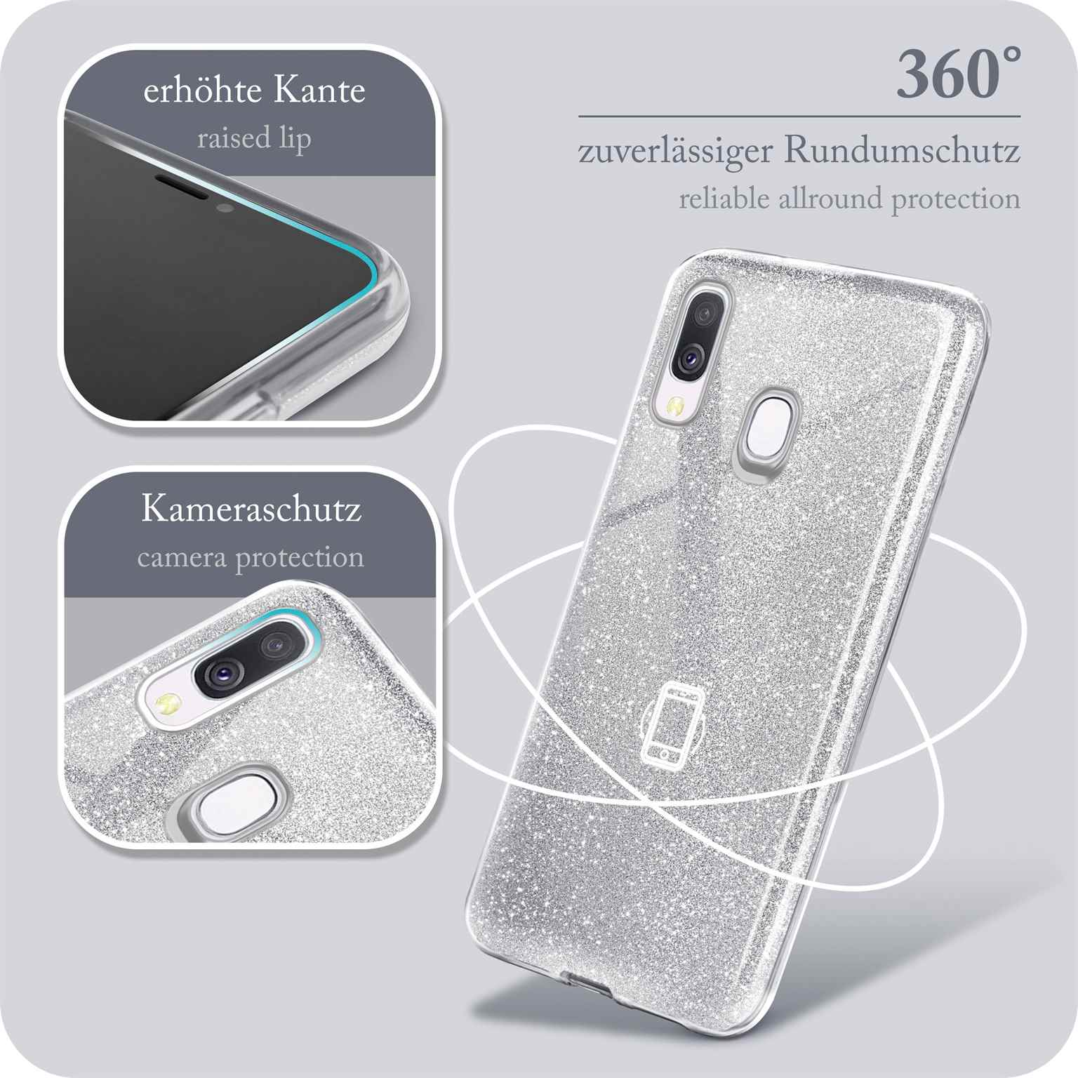 A40, Sparkle Samsung, ONEFLOW Glitter Galaxy Case, - Silver Backcover,