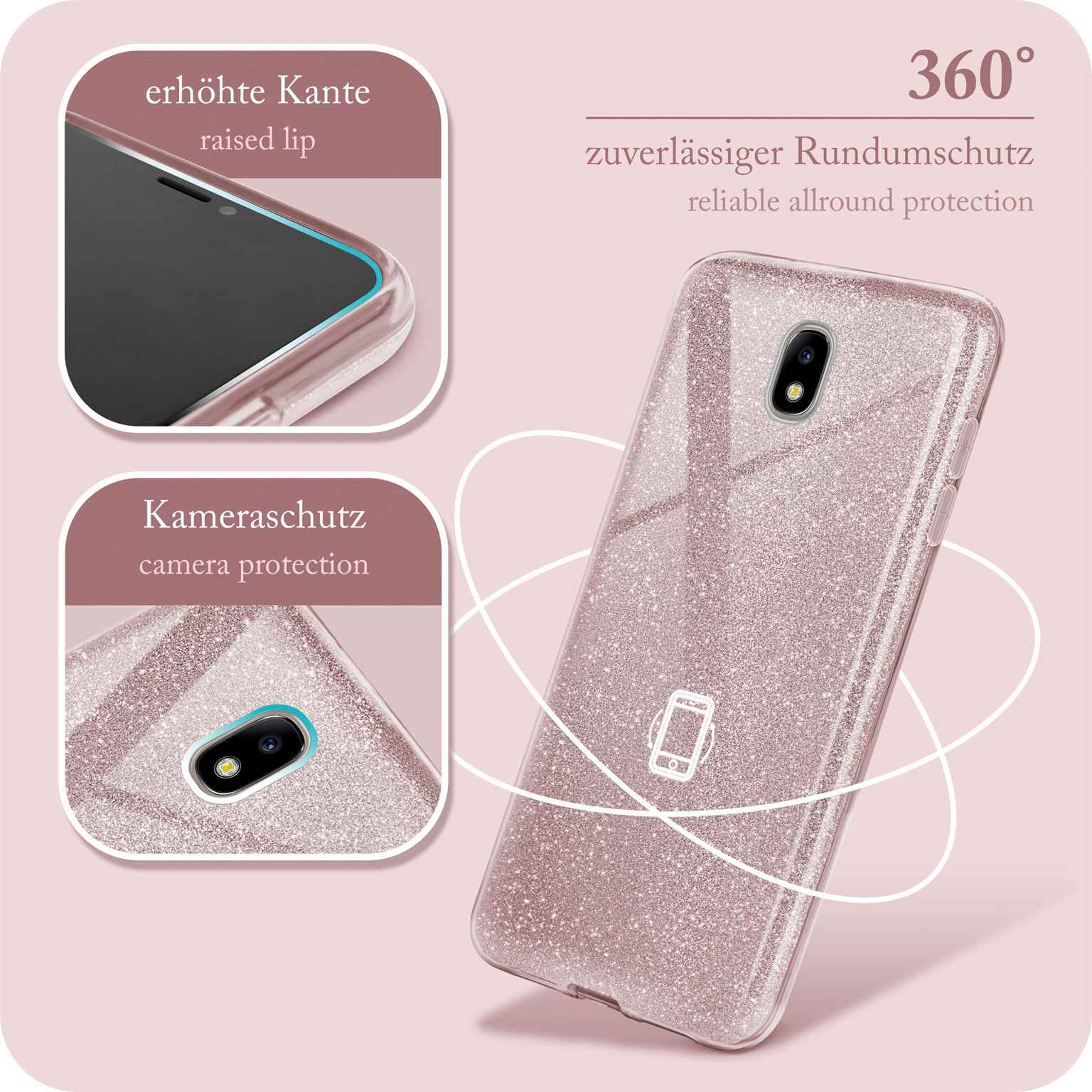 Eine rosa Glitzer-Handyhülle mit einem Telefon darin, das die Rückseite mit der Kamera zeigt.