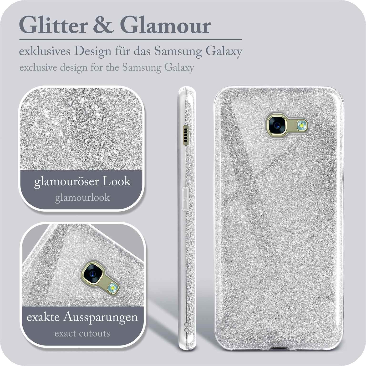 Glitzernde Handyhülle mit Aussparungen. Text: Glitter & Glamour und exklusives Design für Samsung Galaxy.