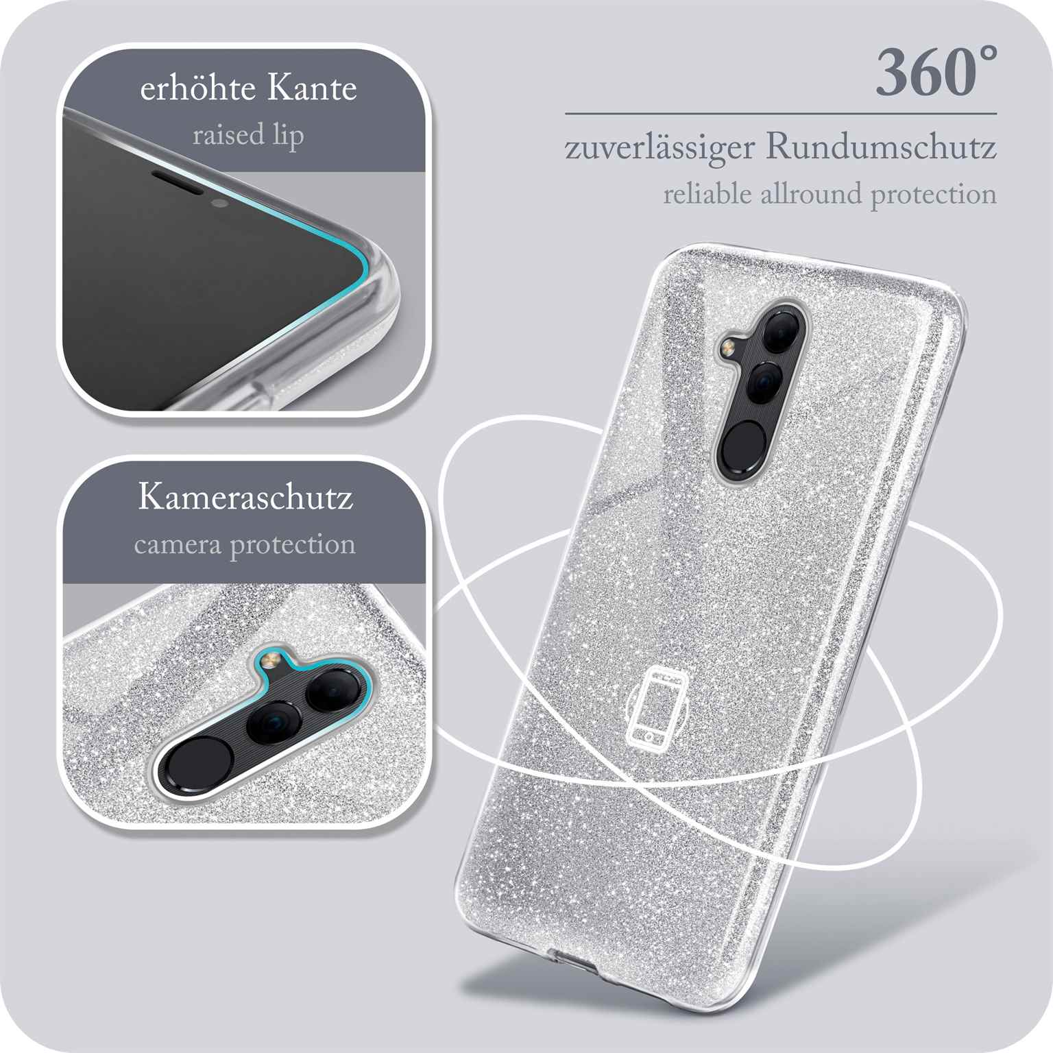 Silberne Handyhülle mit Glitzereffekt und Telefon auf weißem Hintergrund.