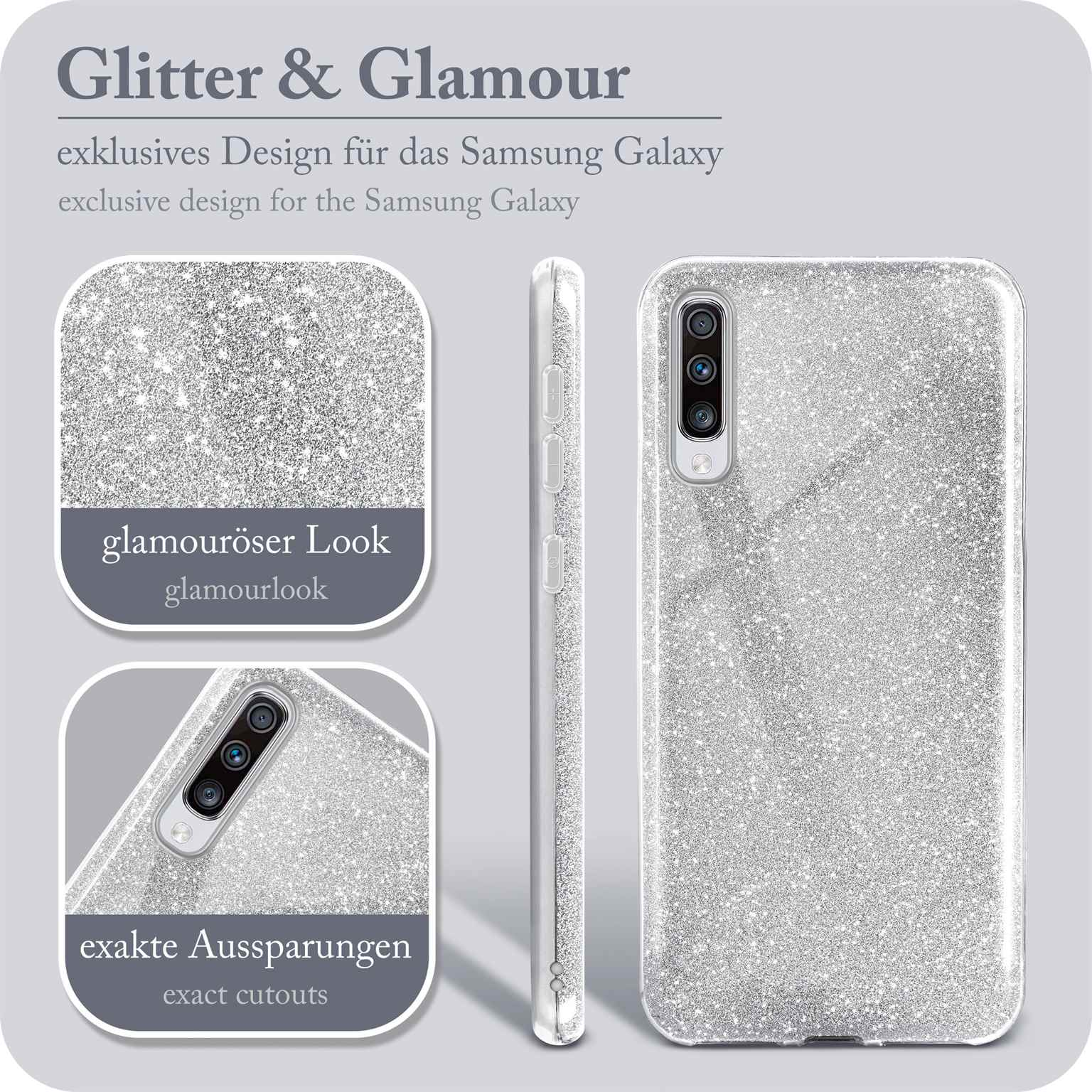 Eine silberne Handyhülle mit Glitzerdesign. Nahaufnahmen der Hülle mit Text und Ausschnitten.