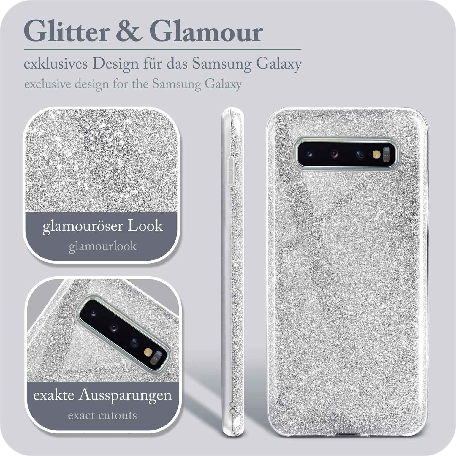 Glitzernde Handyhülle, Nahaufnahmedetails. Hintergrund zeigt die Hülle selbst.
