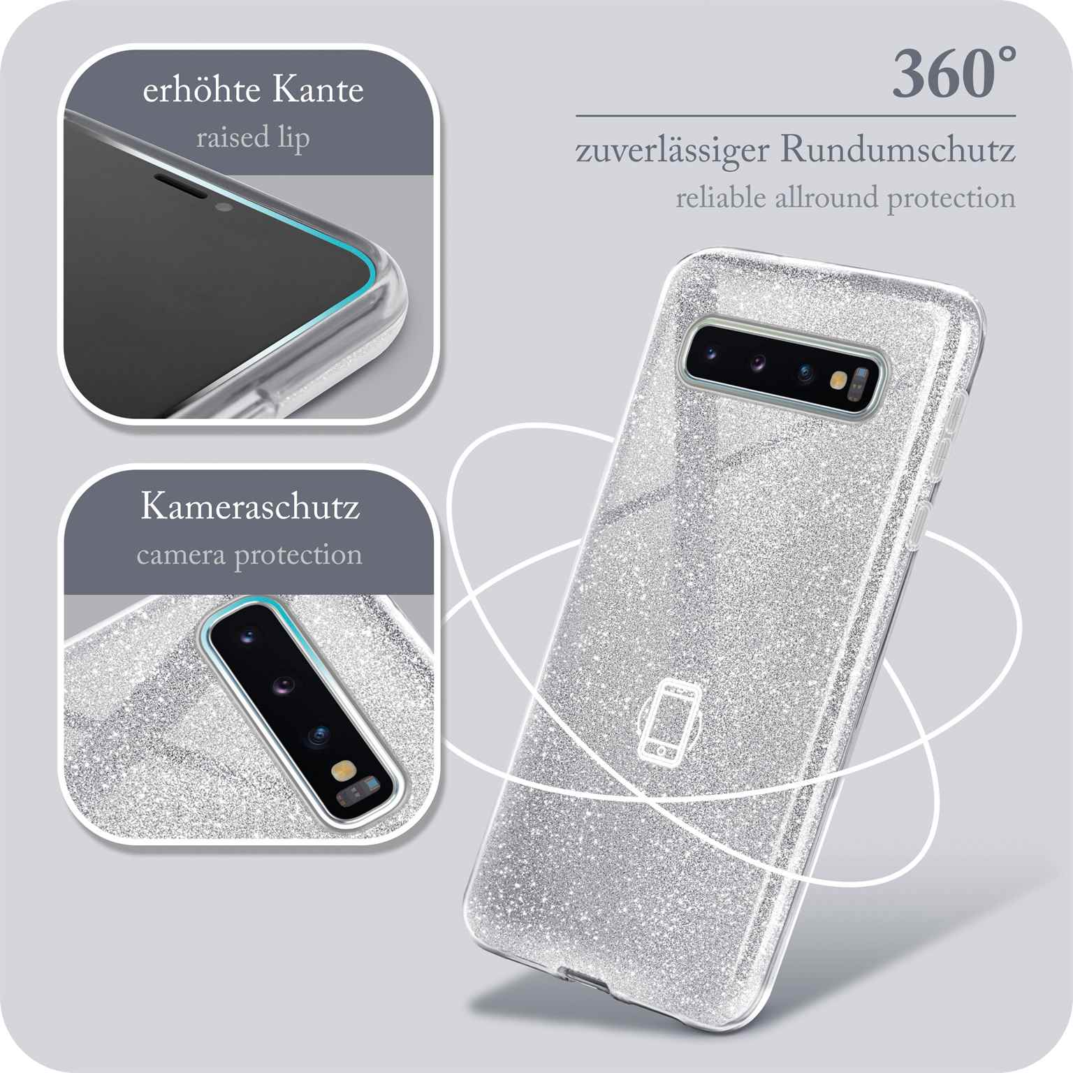 Silberne Handyhülle mit Telefon darin, mit klarer Sicht auf das Telefon.