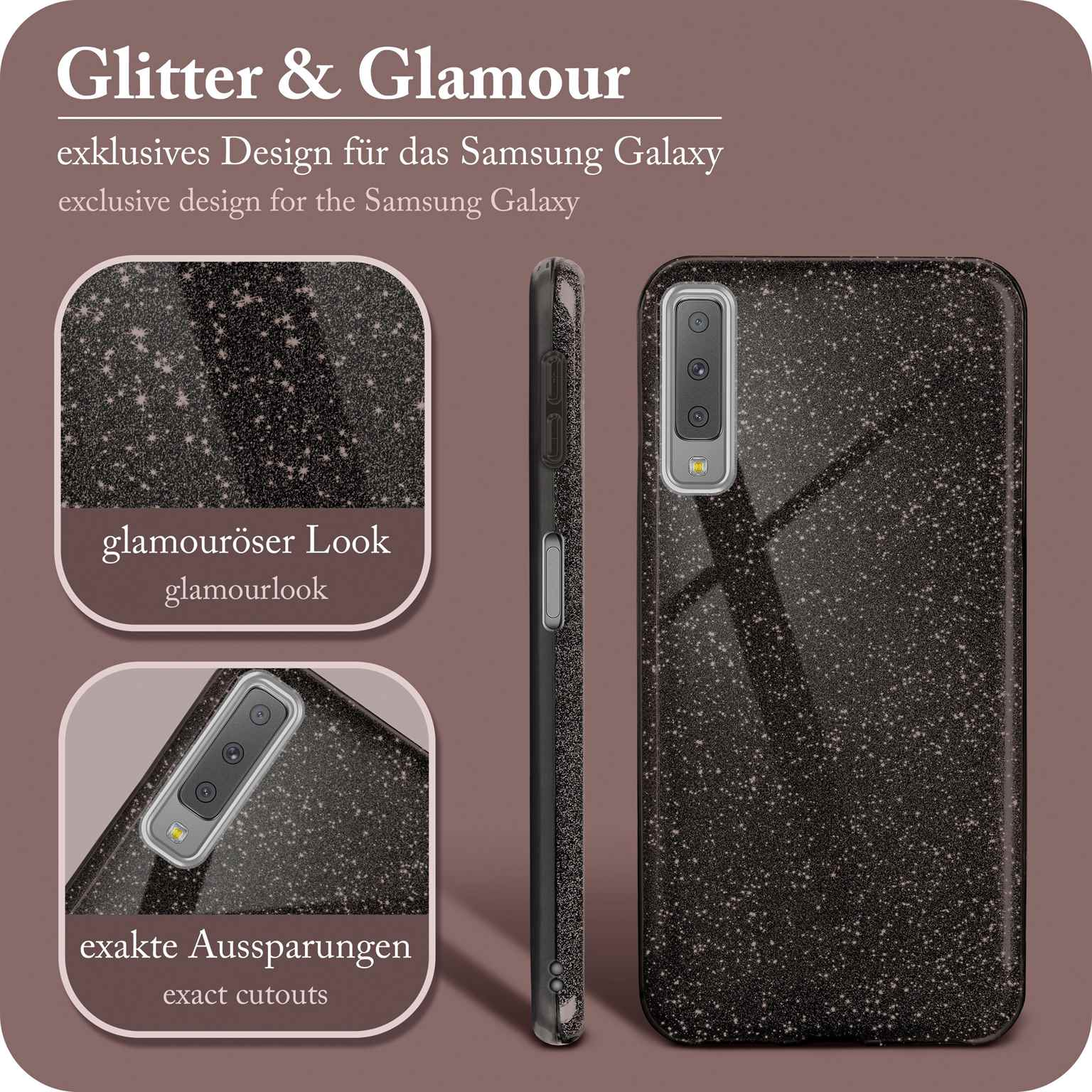 Schwarze Handyhülle mit Glitzer. Nahaufnahme mit Samsung Handy. Schwarze Hülle.