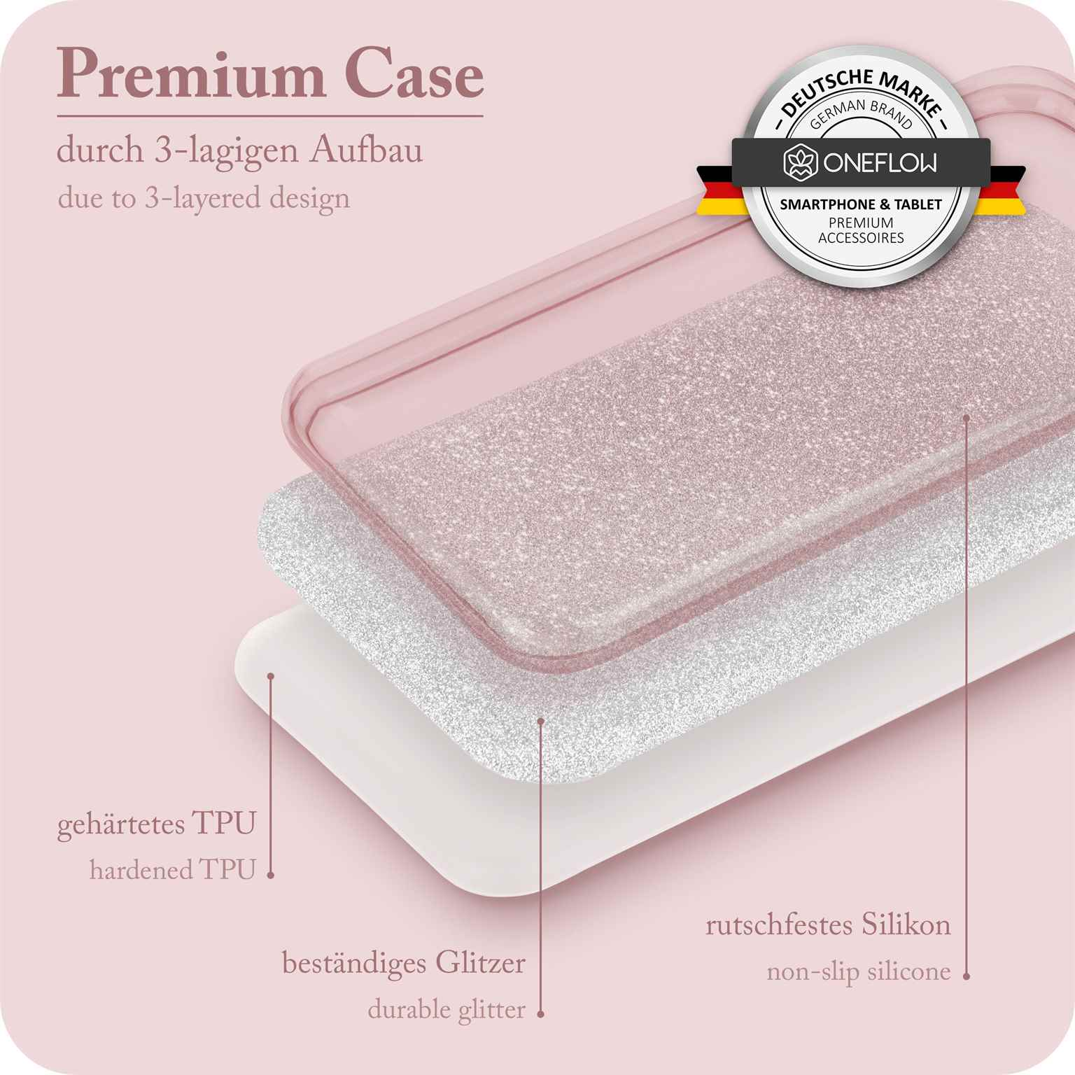 Premium Case. Text: durch 3-lagiges Design. TPU, Glitzer, Silikon. Markenlogo sichtbar.
