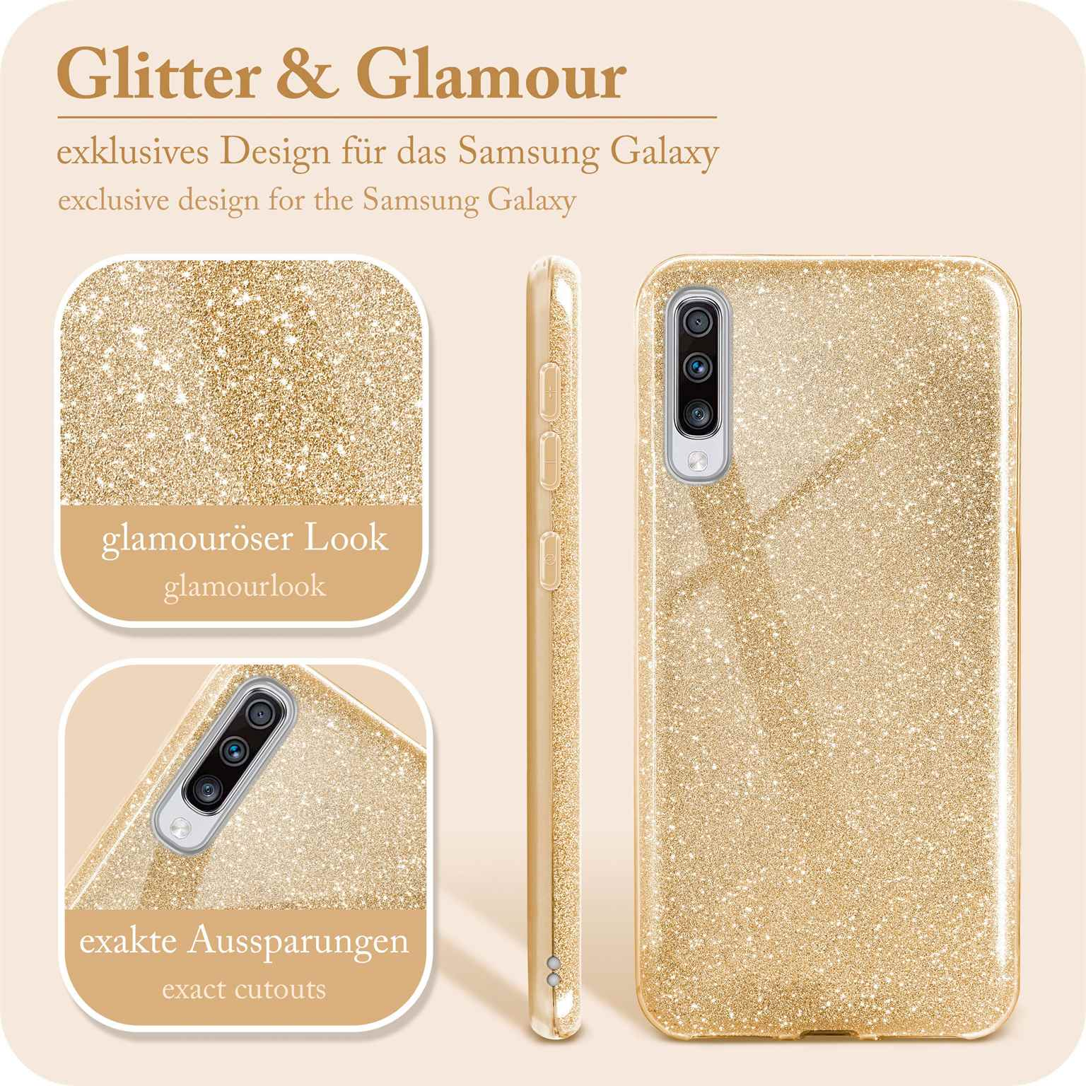 Goldene Glitzer-Handyhülle mit Telefon. Die Hülle hat ein exklusives Design und exakte Aussparungen.