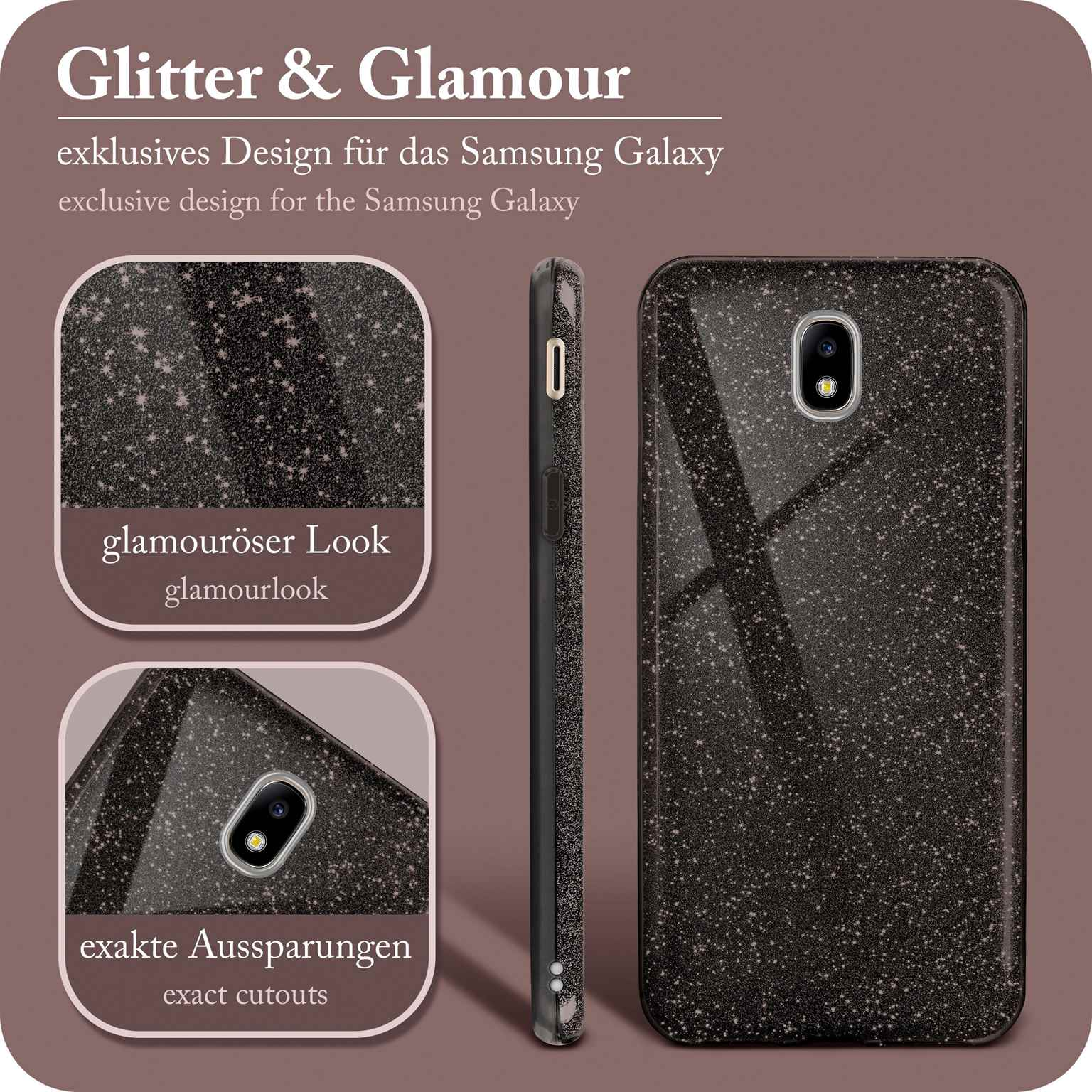 Schwarze Glitzer-Handyhülle mit Glamour-Look und exakten Aussparungen, für Samsung Galaxy.