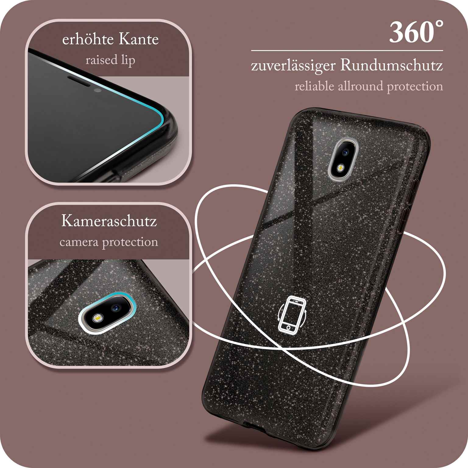 Handyhülle mit Telefon im Inneren, mit erhöhten Kanten und Kameraschutz. Glitzernde schwarze Hülle, brauner Hintergrund.