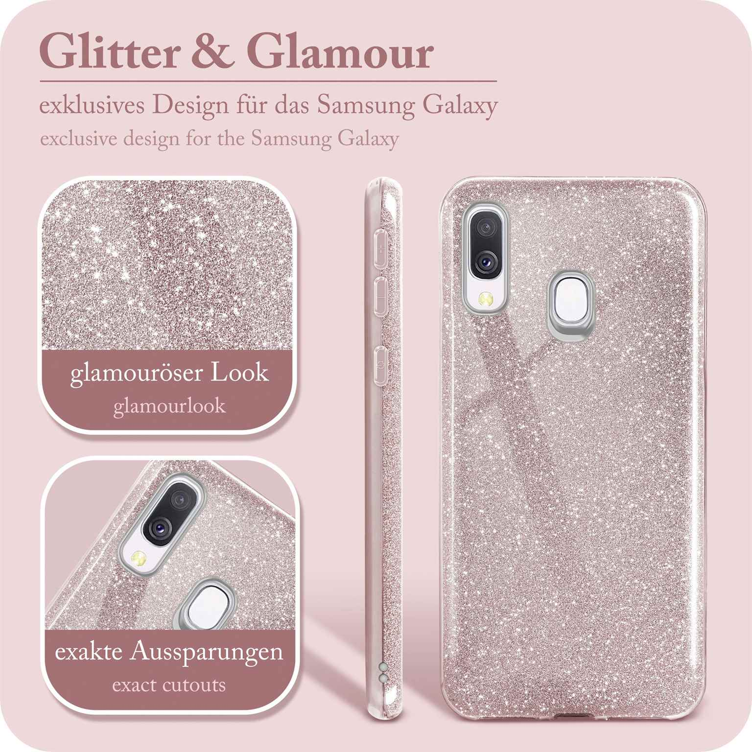 Rosa Glitzer-Handyhülle. Nahaufnahmen zeigen Kamera und exakte Aussparungen. Glamour-Look.
