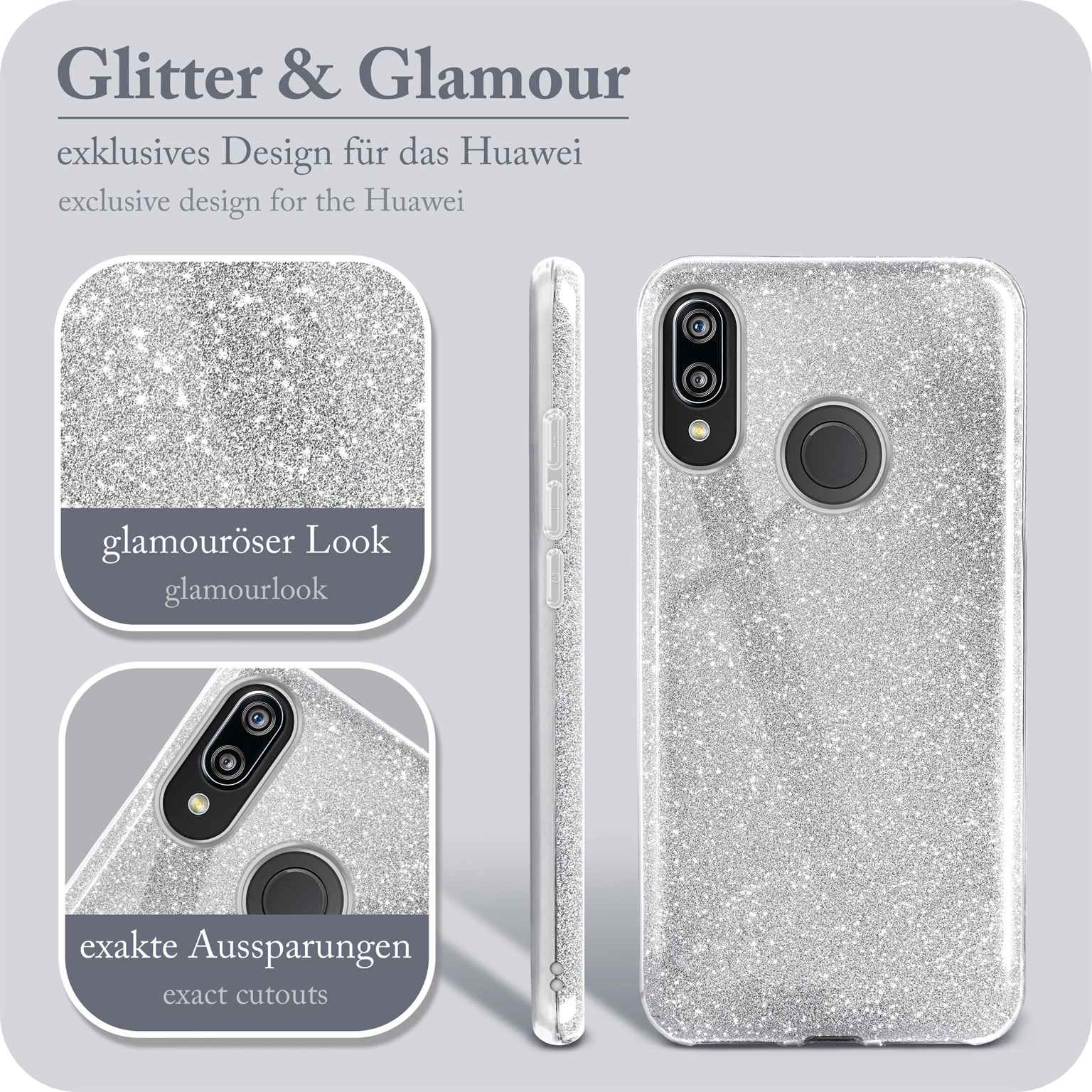 Eine silberne Glitzer-Handyhülle in drei Ansichten. Der Text lautet: Glitter & Glamour, Glamour-Look und exakte Aussparungen.