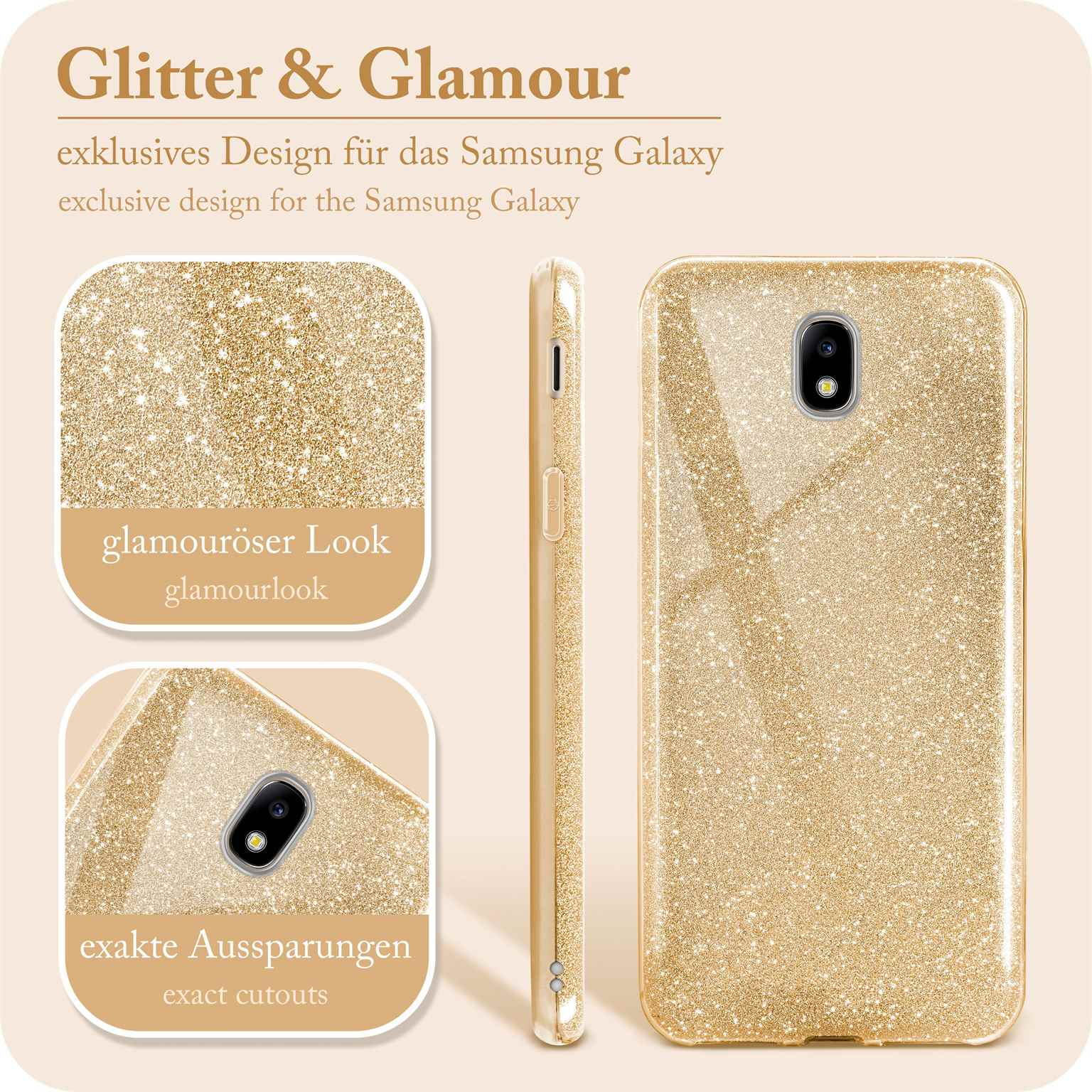 Goldener Glitzer-Handyhülle, Nahaufnahmen zeigen Details. Text: 'Glitter & Glamour' und 'exklusives Design'.